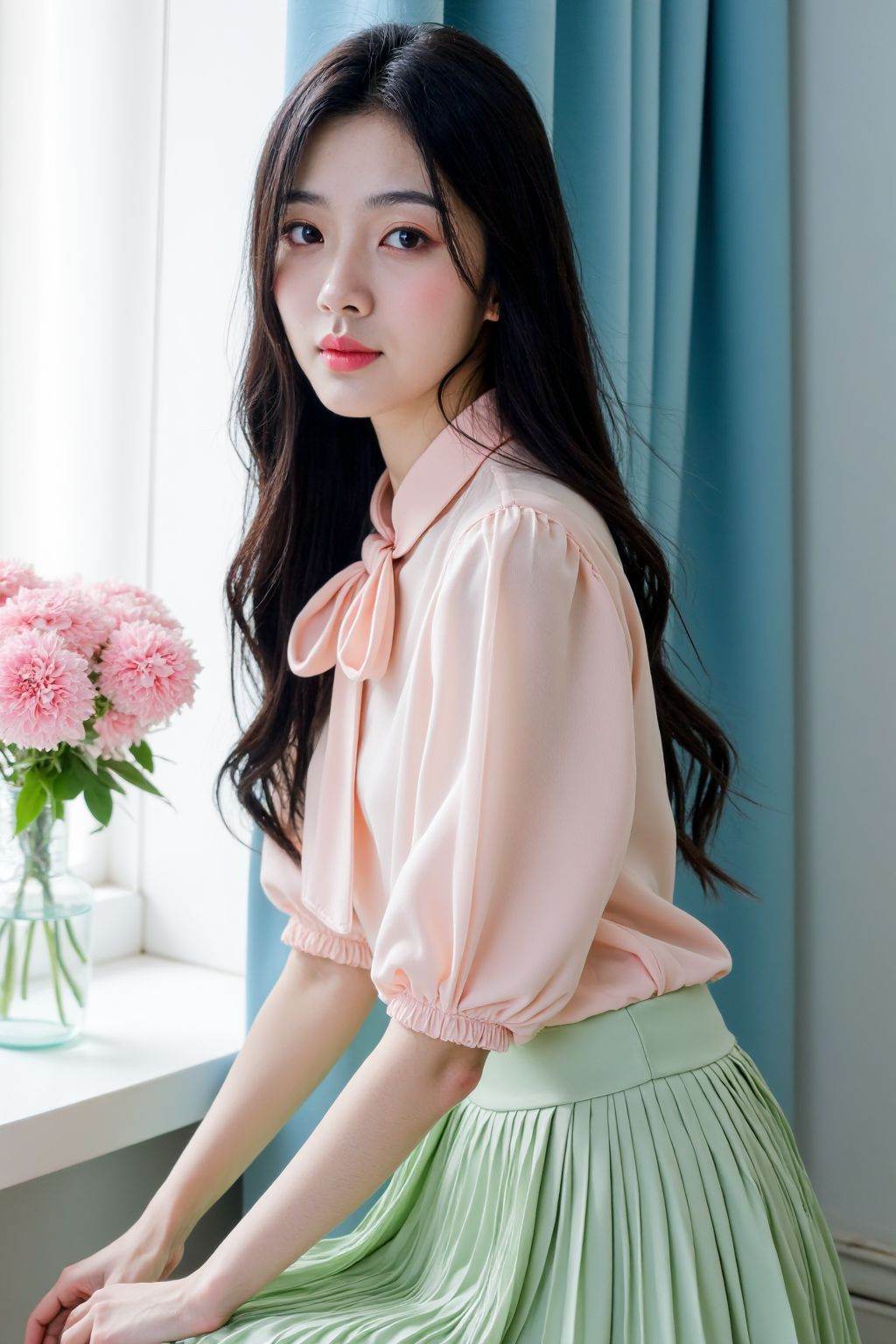 A photograph of a woman with long black hair, fair skin, and delicate features, sitting by a window. She wears a sheer, pale pink blouse with puffed sleeves and a bow tie, paired with a high-waisted, light green pleated skirt. She gazes softly at the camera. The background features a light blue curtain and a vase of pink flowers on a windowsill, creating a serene, pastel-toned ambiance.