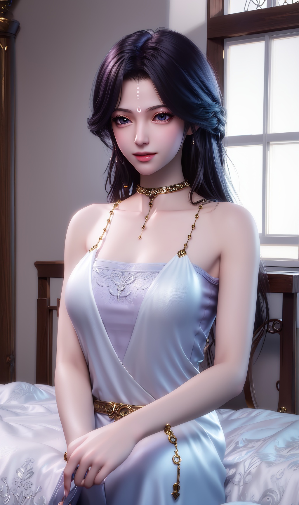 masterpiece,(best quality),official art, extremely detailed cg 8k wallpaper,((crystalstexture skin)), (extremely delicate and beautiful),highly detailed,1girl,solo,long hair,headwear,(sitting,sit down)),( hair),((dress)),(long skirts:0.987),((upper body)),sweet smile, (medium breasts),((hair_ornament)),earrings，(sunshine, indoor,(bed)),, <lora:hipoly3DModelLora_v10:0.3>