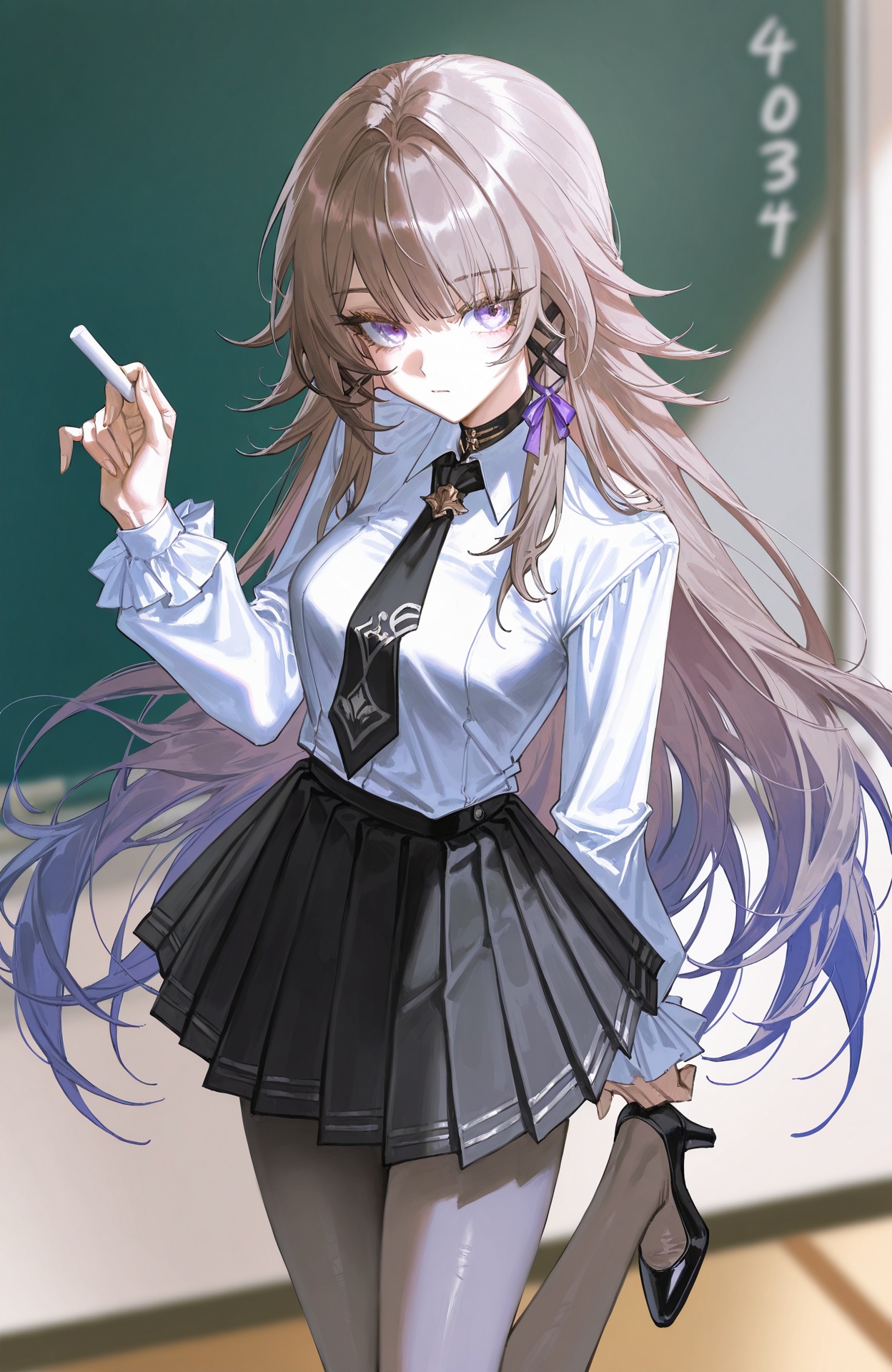 (artist:quasarcake:0.8),extreme aesthetic,(wlop:0.6),(honjou raita,lack,rella,wanke:0.5),masterpiece,best quality,good quality,newest,year 2024,year 2023,very aesthetic,absurdres,Visual impact,A shot with tension,ultra-high resolution,32K UHD,sharp focus,best-quality,masterpiece,Emotionalization,unconventional supreme masterpiece,masterful details,temperate atmosphere,with a high-end texture,in the style of fashion photography,Dynamic and visual impact,offcial art,colorful,splash of color,movie perspective,masterpiece,best quality,amazing quality,very aesthetic,absurdres,best quality,newest,the_herta_\(honkai:_star_rail\),1girl,blurry,alternate_costume,black_skirt,blurry_background,breasts,brown_hair,black_necktie,closed_mouth,from_side,grey_pantyhose,hair_ribbon,high_heels,holding,classroom,indoors,long_hair,looking_at_viewer,chalk,pantyhose,purple_eyes,purple_ribbon,ribbon,shirt,skirt,small_breasts,solo,very_long_hair,white_shirt,holding_chalk,necktie,artist:yunkaiming,<lora:the_herta_v0.2_Illustrious-000017>,