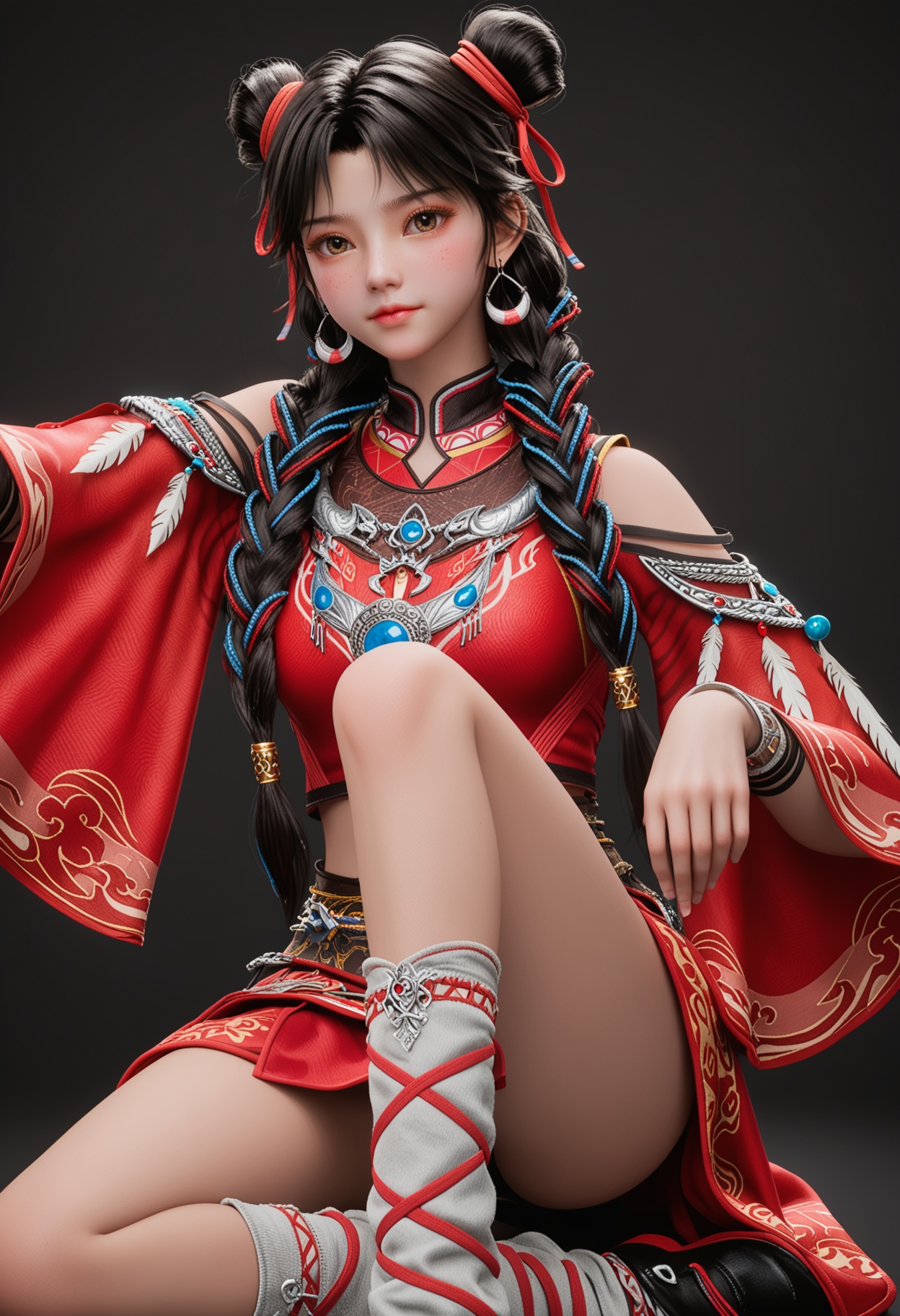 (upper_body:1.2),score_9,score_8_up,masterpiece,(best quality),intricate details,facing viewer,(looking at viewer:1.1),<lora:YQ_pony_bailuoheng_V4:0.8>,q1528437228,solo,1girl,jewelry,black hair,long hair,earrings,hair bun,braid,ribbon,hair ribbon,twin braids,double bun,brown eyes,chinese clothes,multiple braids,bracelet,crop top,skirt,multicolored hair,feathers,dress,red ribbon,red skirt,single hair bun,red dress,hair over shoulder,leg warmers,socks,shirt,brown hair,red shirt,necklace,freckles,shoes,long sleeves,detached sleeves,hair ornament,china dress,black eyes,multi-tied hair,wide sleeves,ribbon braid,black footwear,BREAKscore_9,score_8_up,masterpiece,(best quality),perfect anatomy,(hourglass),perfect face,(simple background,pure black background,black background:1.1),fair_skin,shiny_skin,Ivory_skin,