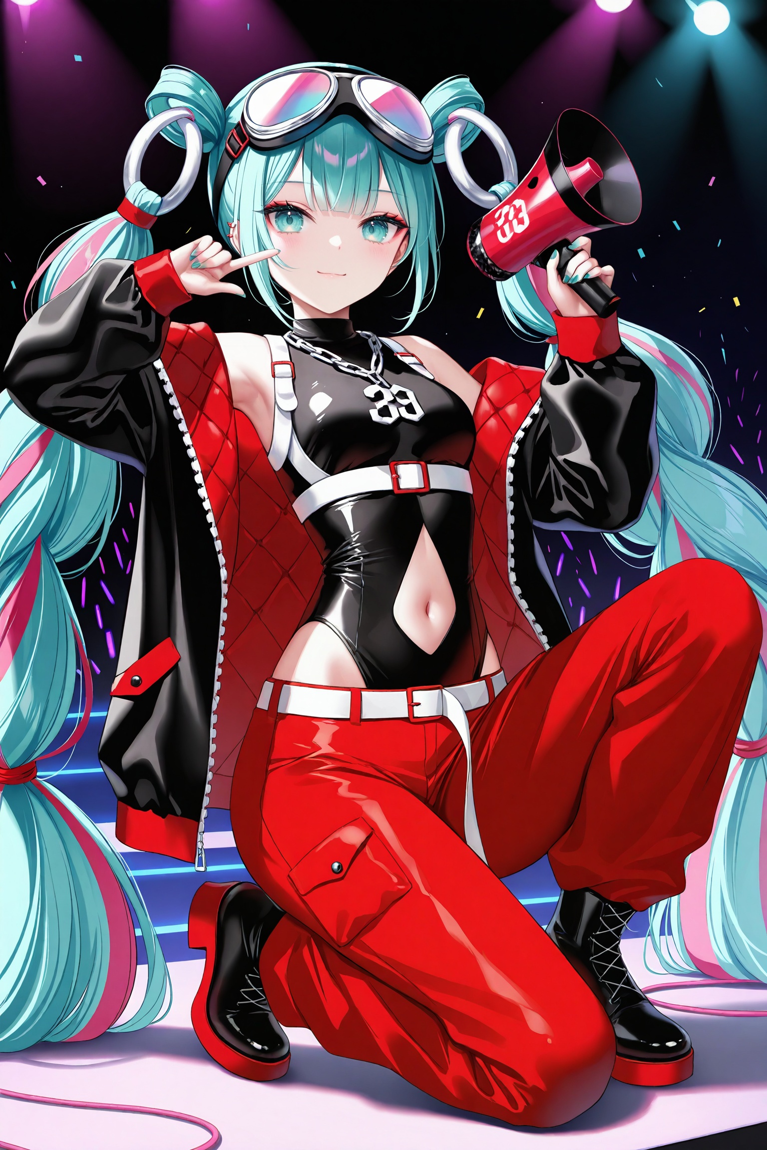masterpiece,best quality,newest,absurdres,highres,soft shadows,photorealistic,(chen bin:0.5),(hiten \(hitenkei\):0.4),(rimuu:0.5),(mignon:0.5),(sheya:0.6),smile,stage,holding,squatting,on one knee,pointing at viewer,<lora:MMM2023XLNAI:1>,magical mirai miku \(2023\),multicolored hair,goggles on head,open jacket,chain,navel cutout,red pants,leotard,black footwear,