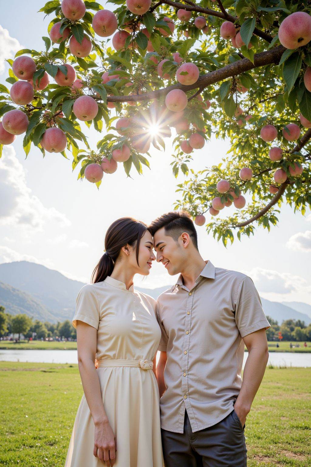 The photo shows two Chinese lovers standing side by side beneath a peach tree. The tree is in full bloom,bearing many large peaches. The woman on the left wears a light-colored,short-sleeved dress with a belt around her waist; the man on the right wears a light-colored button-down shirt and dark pants. Both stand on a grassy field,with mountains and a river in the background and the sun and some clouds in the sky.,