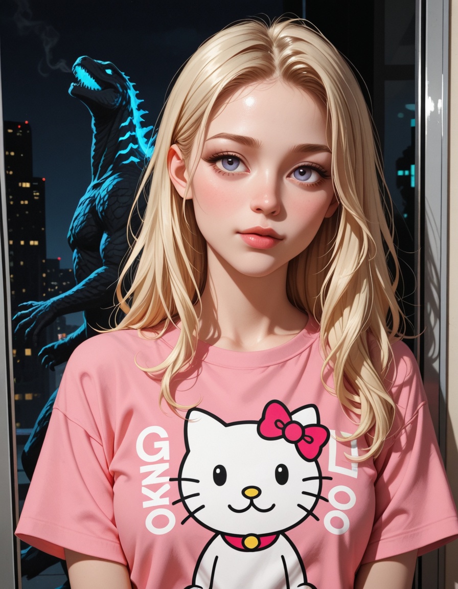 beautiful blonde girl with a pink hello kitty t-shirt,  godzilla in the background is judging you too on Tensor.Art