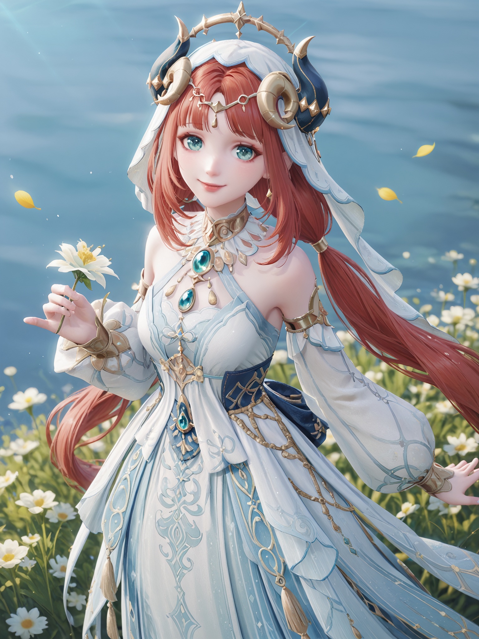 score_10,score_9,score_8_up,score_7_up,1girl,nilou (genshin impact),long hair,solo,red hair,dress,smile,looking at viewer,detached sleeves,hair ornament,twintails,holding,aqua eyes,white dress,flower,long sleeves,low twintails,