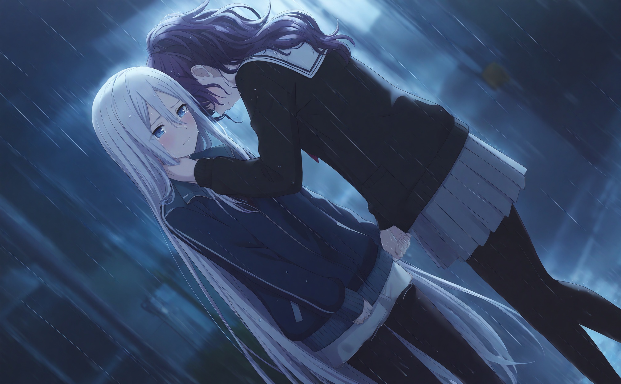 masterpiece,highres,absurdres,newest,best quality,high quality,chromatic_aberration,//,miyamasuzaka_girls'_academy_school_uniform,multiple_girls,yoisaki_kanade,rain,2girls,asahina_mafuyu,long_hair,skirt,jacket,track_jacket,school_uniform,sailor_collar,dutch_angle,grey_skirt,pantyhose,blue_eyes,black_cardigan,long_sleeves,very_long_hair,sad,serafuku,grey_serafuku,purple_hair,pleated_skirt,outdoors,black_jacket,white_sailor_collar,night,closed_mouth,blue_hair,holding_hands,wet,crying,hair_between_eyes,cardigan,white_hair,black_pantyhose,hand_on_another's_shoulder,blurry,street,tears,grey_hair,shorts,blurry_background,wet_clothes,wet_hair,straight_hair,black_sweater,wavy_hair,//,<lora:PJSKcg925——【NOOB】hans:0.8>,