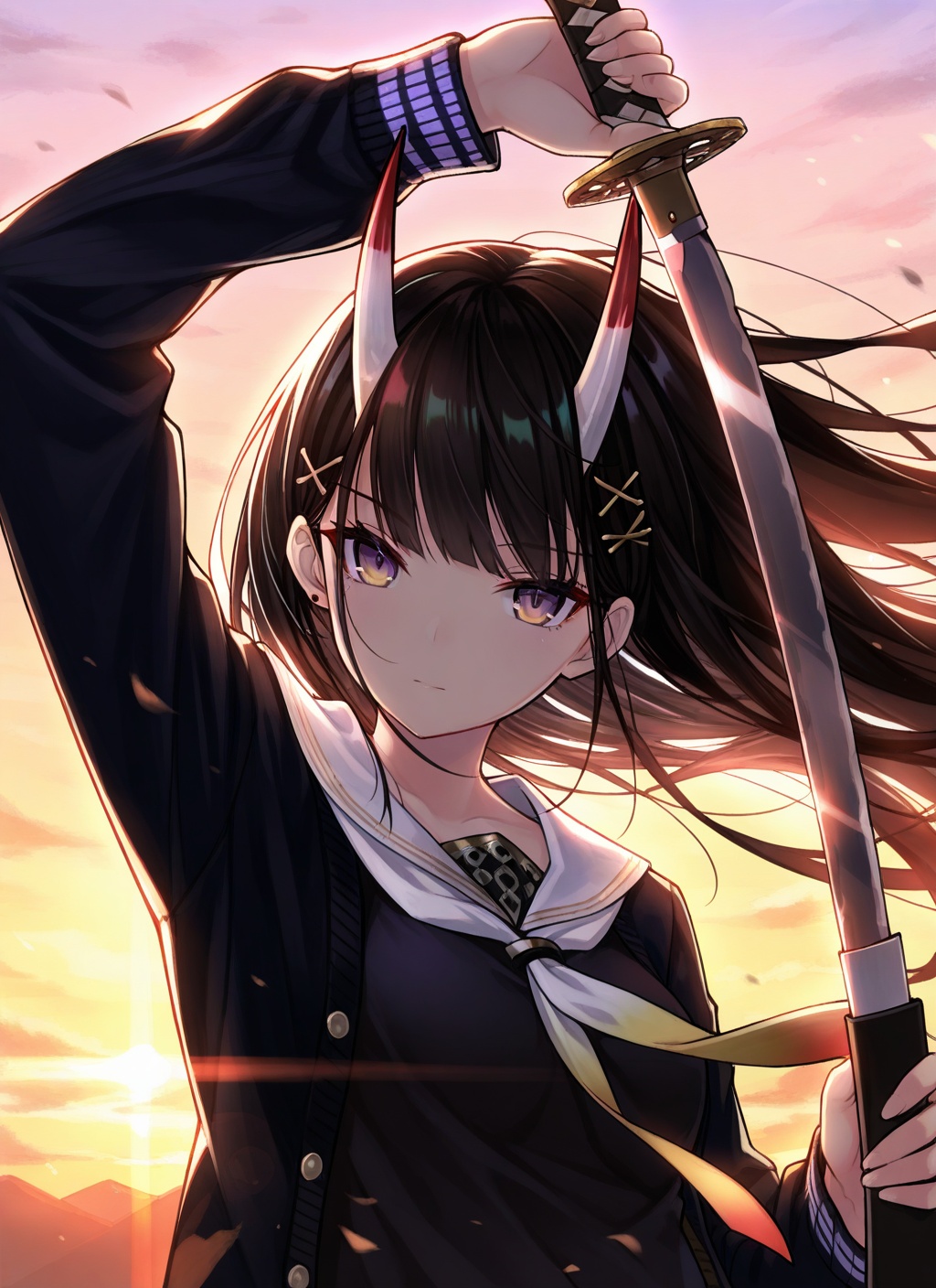 <lora:noshiro_IL_v1.0:1>,noshiro_\(azur lane\),(upper body:1.2),unsheathing,wind,light leaks,arm up,dusk,backlighting,, masterpiece,best quality,