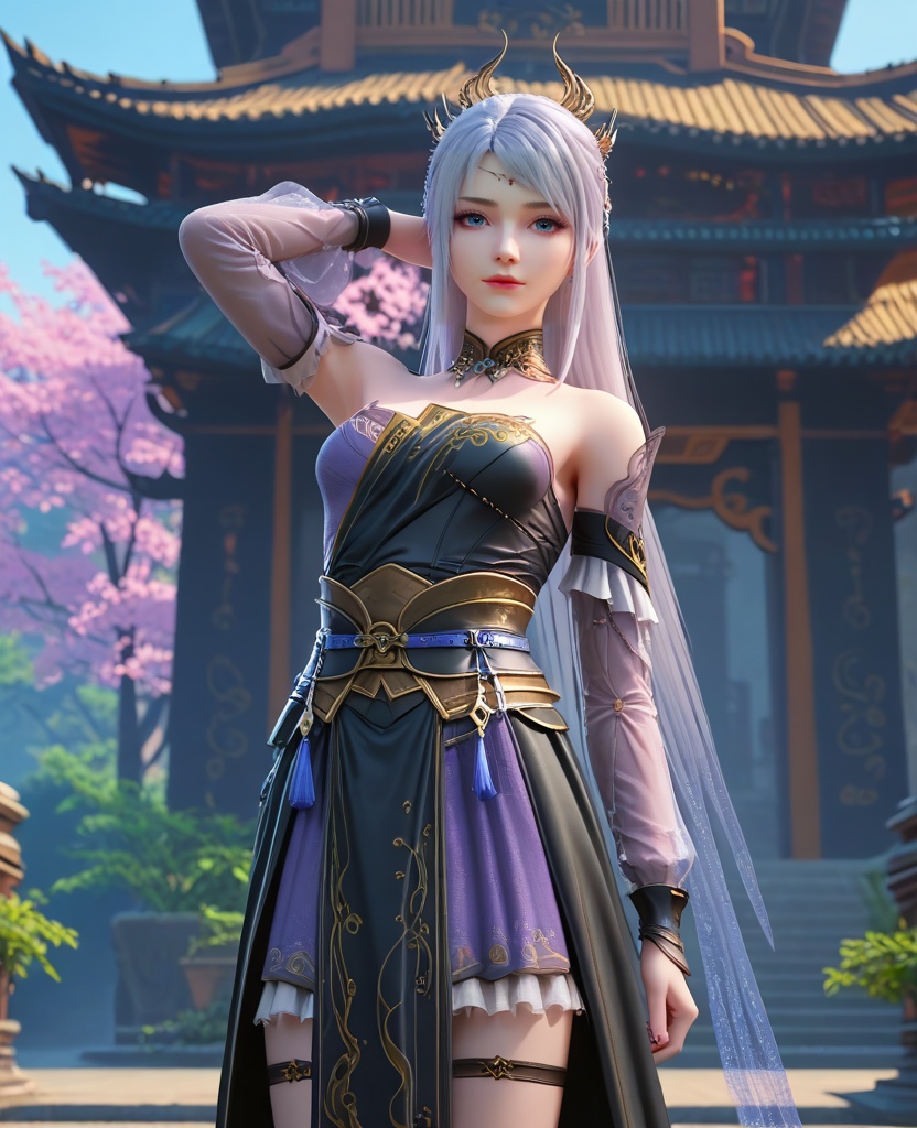 (oriental architecture, elegant decor, sophisticated style:1.1),Standing with arms raised in a victory pose,,(breasts:1.2),pelvic curtain,<lora:XL16大主宰洛璃:0.95>,miss luoli,purple short dress paired with black peplum overskirt,blue eyes,white hair,long hair,half-up ponytail with long cascading hair,hair ornament,detached collar,sash,, zPDXL2, score_9, score_8_up, score_7_up BREAK realistic, masterpiece,best quality, highly detailed,, zPDXL3, zPDXL2,zPDXL, zPDXLxxx, zPDXLrl,