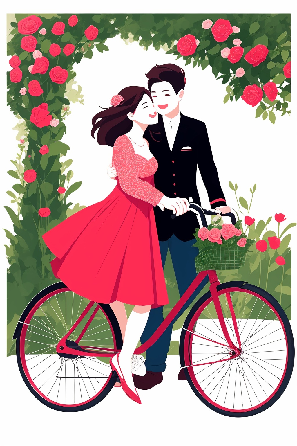 Valentine's Day,Flat painted style,1boy,1girl,bicycle,rose,simple background,<lora:lbc_Valentine's Day-ts>,love,romantism,masterpiece,