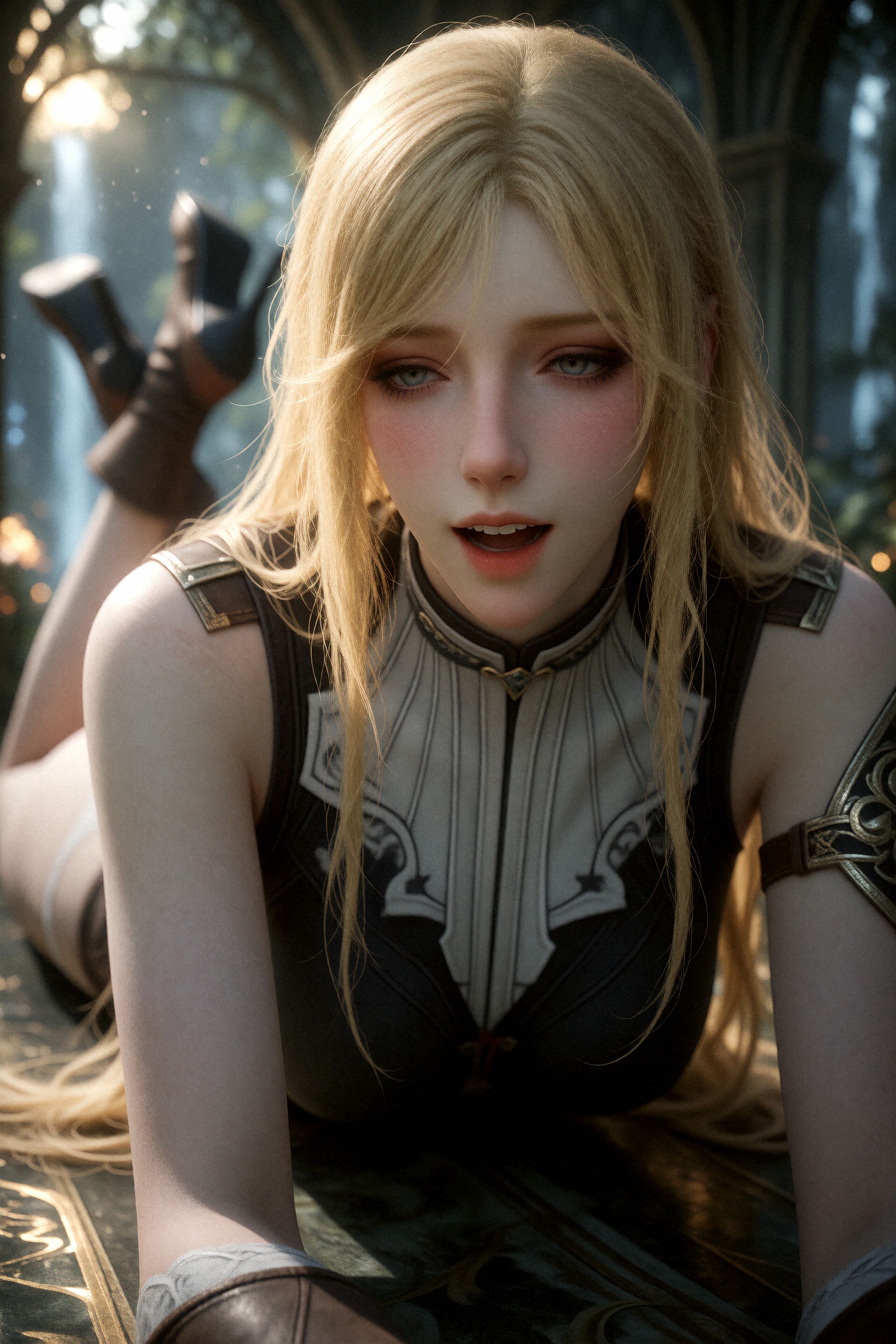 A photograph of Female Elf wearing a blouse and brown high heel leather boots lying prone on the floor of elvish gazebo. H...