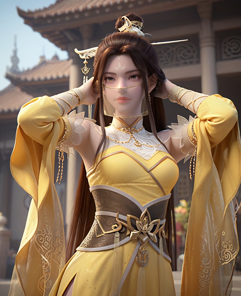 (oriental architecture, elegant decor, sophisticated style:1.1),arms behind her head,(breasts:1.2),<lora:XL完美世界凤舞>,miss fengwu,solo,yellow dress,chain ornament,sash,brown eyes,forehead mark,mouth veil,black hair,long hair,hanging hair,hair stick,hair bun,detached sleeves,wide sleeves,wristband,thighhighs,tassel,, zPDXL2, score_9, score_8_up, score_7_up BREAK realistic, masterpiece,best quality, highly detailed,, zPDXL3, zPDXL2,zPDXL, zPDXLxxx, zPDXLrl,