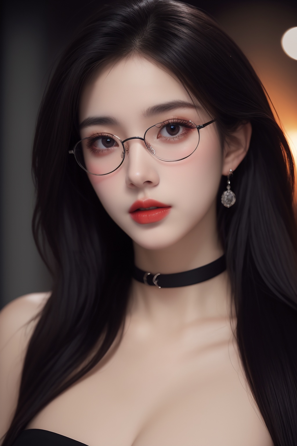 1girl, black choker, black hair, blurry, blurry background, blurry foreground, breasts, choker, cleavage, collarbone, depth of field, earrings, glasses, jewelry, large breasts, lips, long hair, looking at viewer, red lips, solo focus <lora:御姐:1>