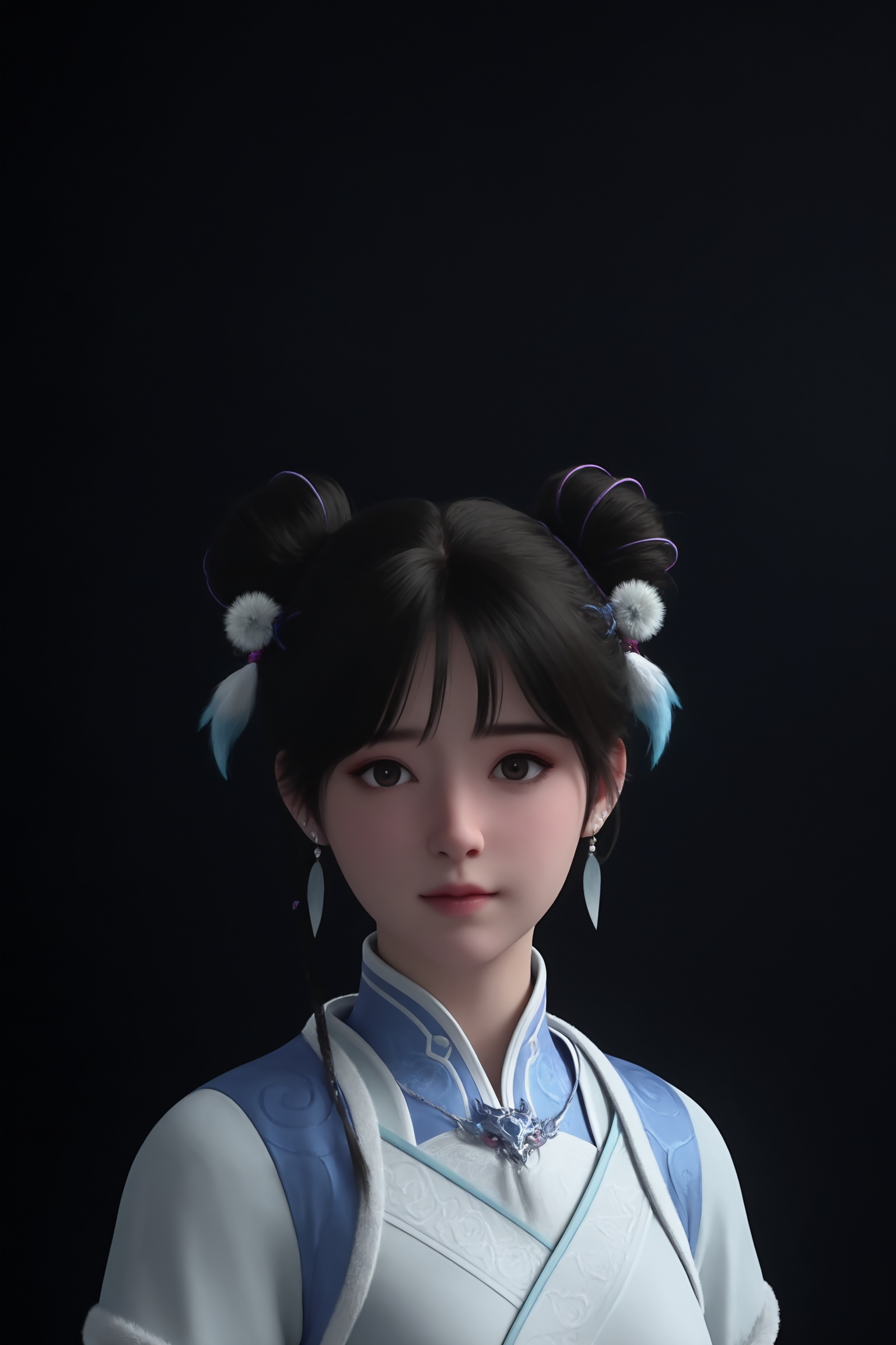 breasts,black background,simple background,photorealistic,1girl,beautiful_detailed_eyes,masterpiece,best quality,cinematic lighting,ethereal,standing,looking at viewer,<lora:神国之上-宁小龄IL:0.7>,1girl,dark hair,two high,intricately braided buns,white and pink hairpins,traditional East Asian outfit,white robe with blue and gold embroidery and a blue sash.long sleeves,black,textured belt,