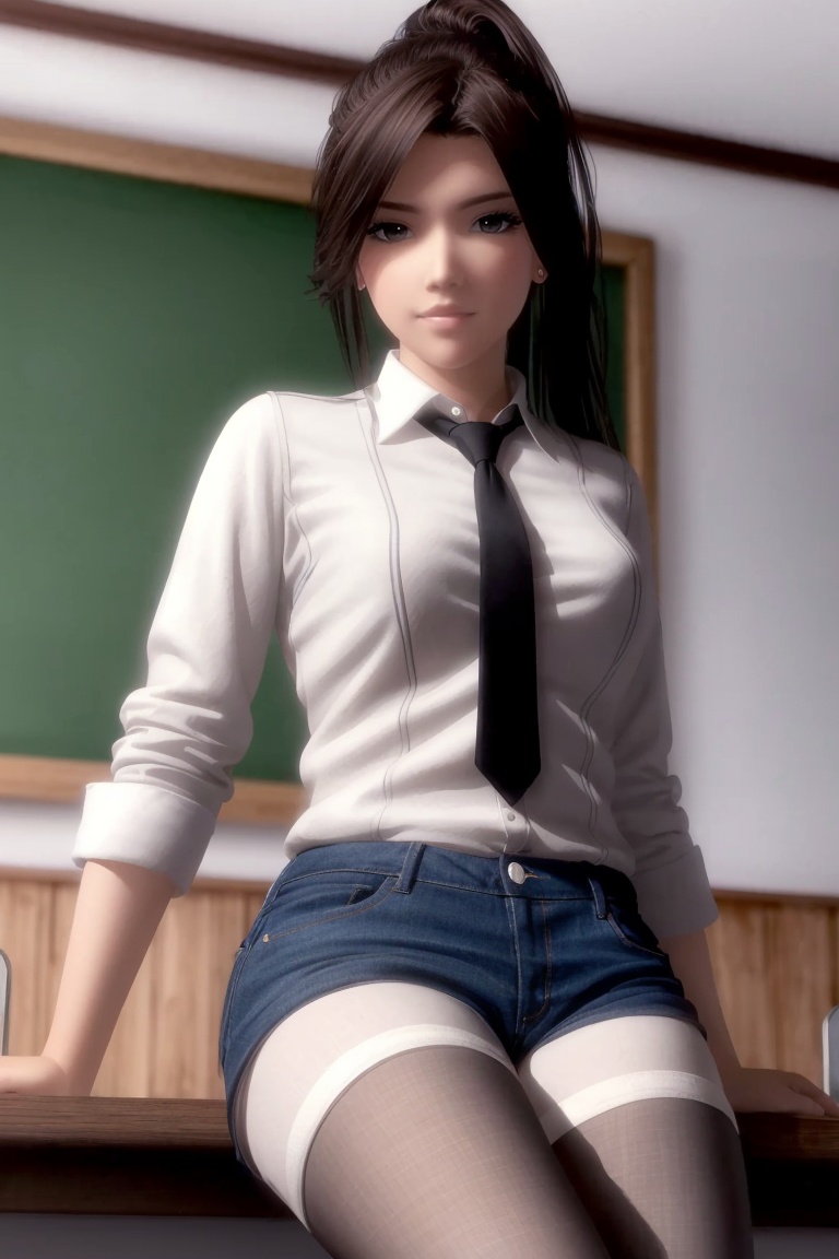 ((HRD, HUD, 8K)),((masterpiece, best quality)), highly detailed, soft light,1girl, solo, black hair, brown hair, long hair, ponytail, lips, black eyes, (white shirt:1.2), necktie, denim shorts, black pantyhose,blurry background, classroom, chalkboard, sitting, cowboy shot, looking at viewer, <lora:20240504-1714817809601:0.7>