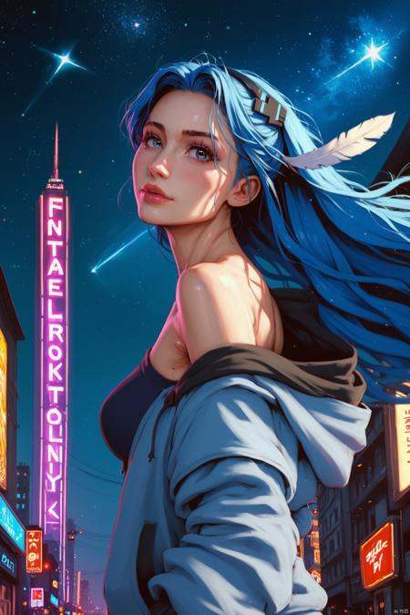 score_9,score_8_up,score_7_up,score_6_up, (masterpiece), best quality, ultra high res,, cyberpunk 1girl flying above stunning cityscape ,hoodie,blue hair, neon color shooting stars, very long hair, off shoulder, feather hair ornament, neon colors, flashes, stunning night sky, cinematic lighting, photorealistic, realistic skin, HDR,fisheye, 1 girl
