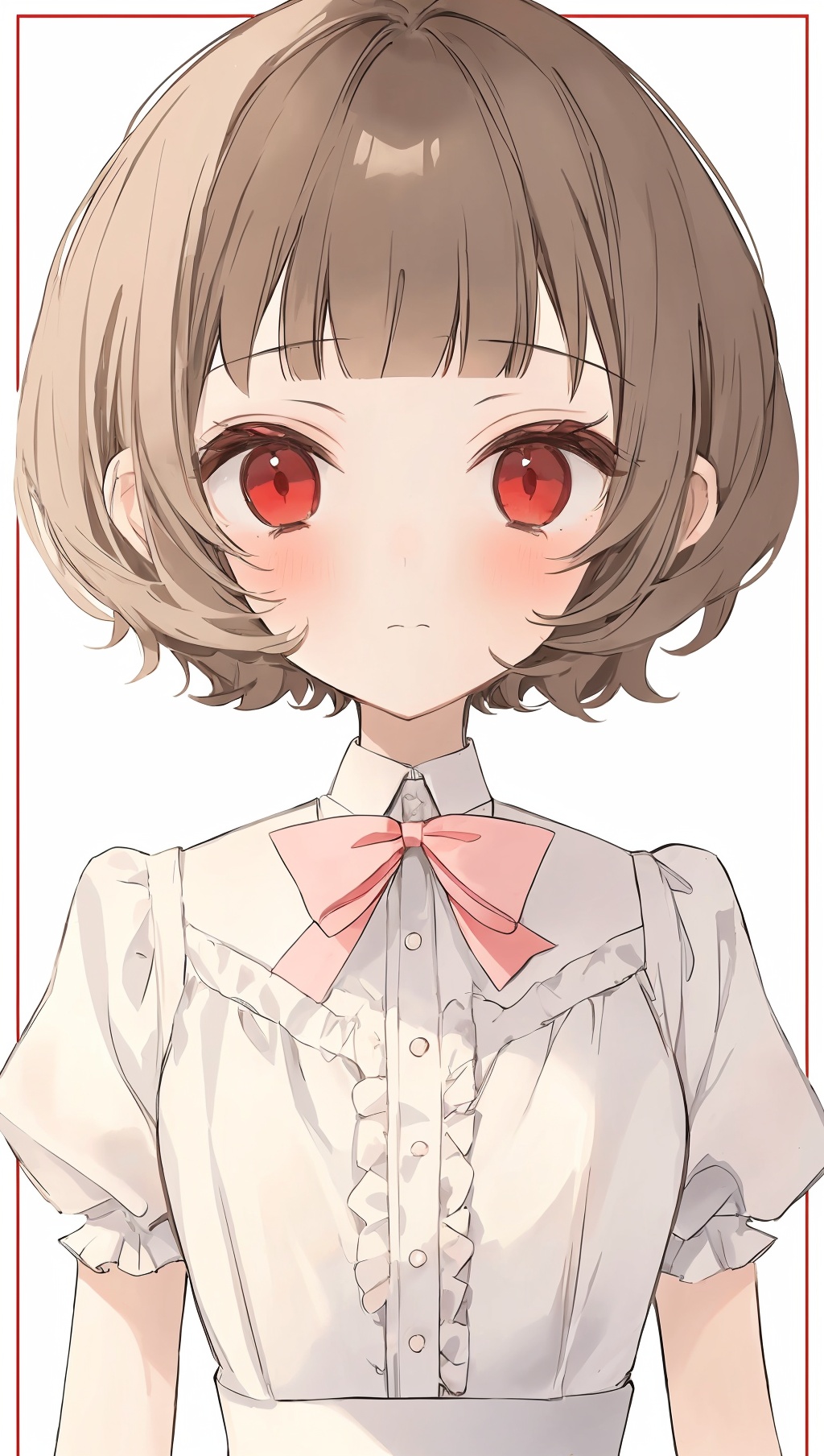 1girl,solo,bow,brown hair,red eyes,blush,short hair,white bow,bangs,upper body,looking at viewer,closed mouth,bowtie,white bowtie,grey background,hair bow,simple background,blunt bangs,frills,shirt,puffy sleeves,white shirt,ribbon,dress,white border,red bow,