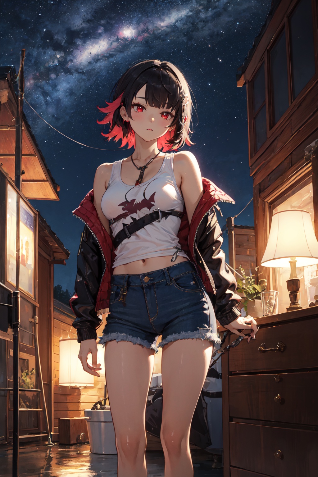 <lora:Ellen-000010:0.8>,Ellen CYQL,1girl,looking at viewer,solo,shark girl,short hair,black hair,red hair,multicolored hair,colored inner hair,red eyes,tail,shark tail,(Denim_jacket_with_painting:1.4),(Printed_****_top:1.3),(Cargo_shorts:1.2),(Outdoor_music_concert_background:1.4),drunk,upper_body,Bed, Nightstands, Dresser, Wardrobe, Lamps,(Desert wildflowers, Arid landscape, Desert bloom, Refreshed desert, Floral explosion, Desert oasis:0.5),beautiful detailed sky,beautiful detailed glow,posing in front of a colorful and dynamic background,masterpiece,best quality,beautiful and aesthetic,contrapposto,female focus,wallpaper,