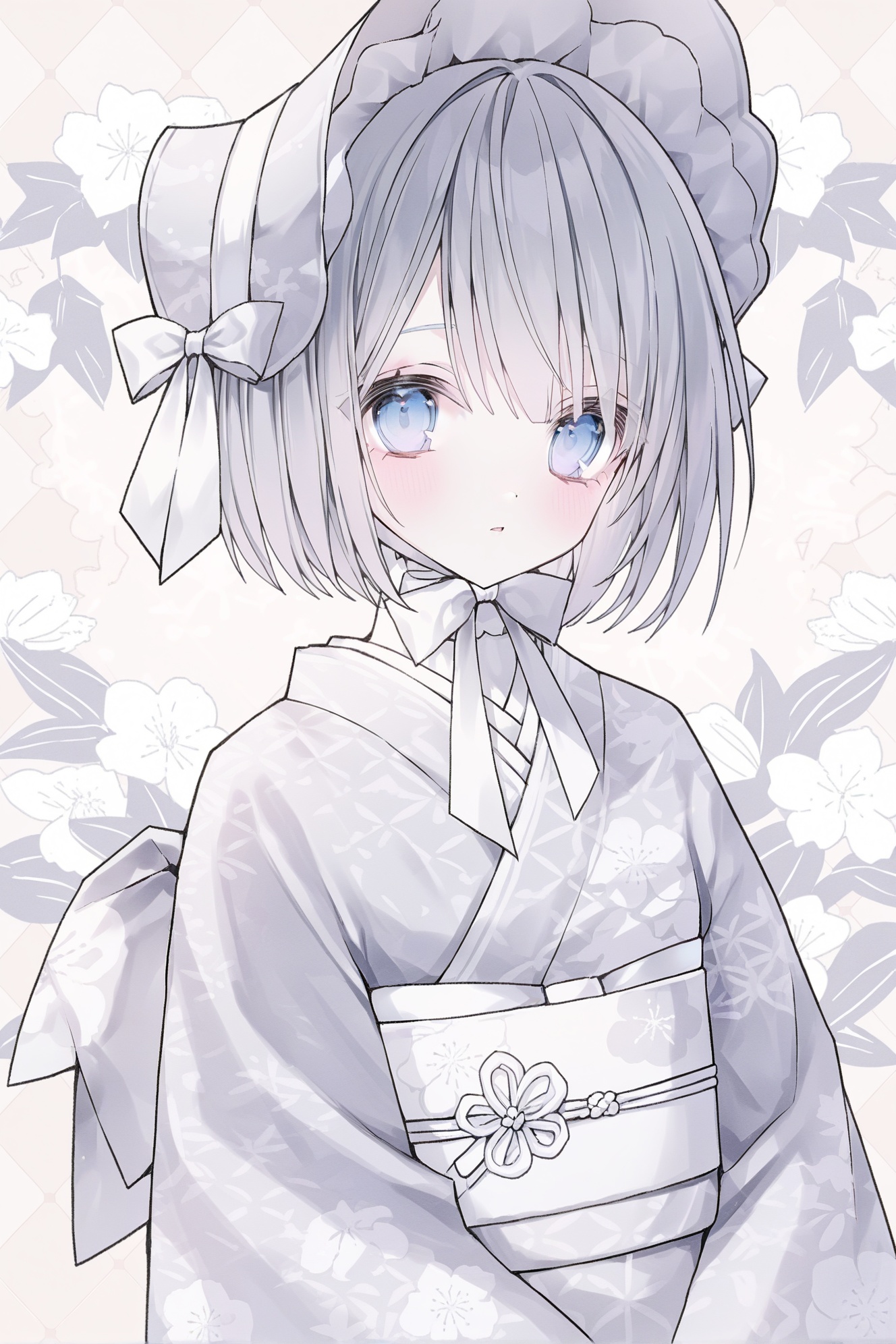 1girl, solo, blue eyes, japanese clothes, kimono, bonnet, looking at viewer, grey hair, blush, upper body, sash, short hair, wide sleeves, parted lips, bow, floral print, long sleeves, white bow, obi, grey kimono