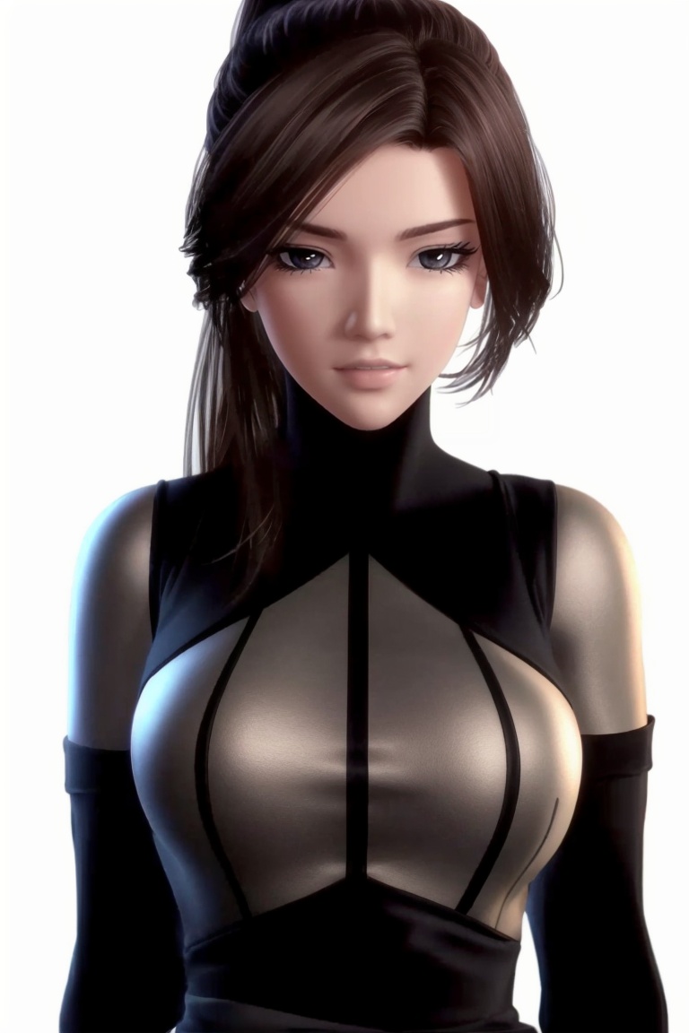 ((HRD, HUD, 8K)),((masterpiece, best quality)), highly detailed, soft light,1girl, solo, black hair, brown hair, long hair, ponytail, lips, black eyes,breasts,bodysuit, armor,simple background, white background, (upper body:1.2), standing, looking at viewer, <lora:20240504-1714817809601:0.72>