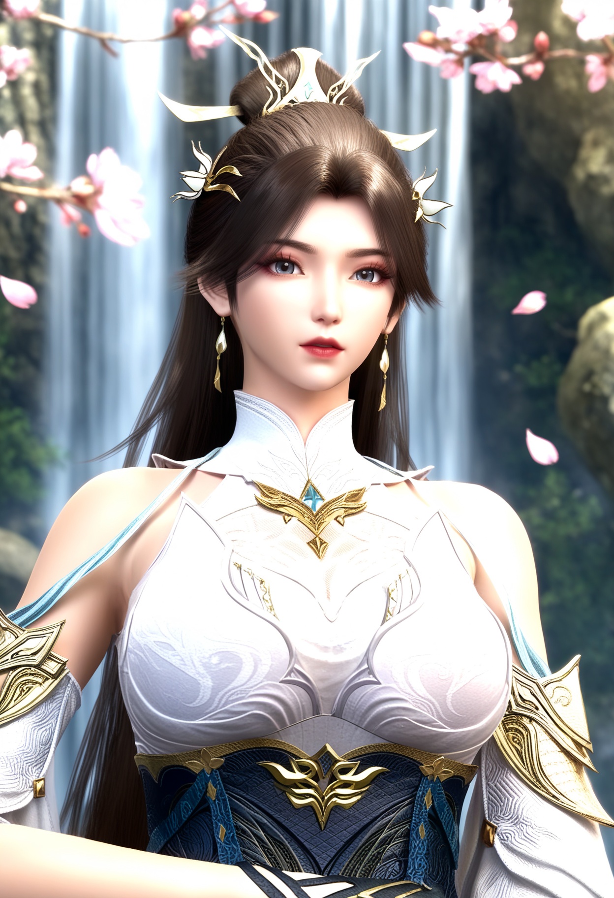 masterpiece,best quality,amazing quality,high resolution,ultra-detailed,absurdres,(looking at viewer:1.1),(upper body:1.1),(moody lighting:1.1),waterfall,peach blossom,falling petals BREAK large breasts,lingxi,1girl,solo,long hair,brown hair,jewelry,dress,hair ornament,earrings,bare shoulders,white dress,detached sleeves,hair bun,gloves,chinese clothes BREAK photorealistic details,<lora:QQSilllingxiV1:0.8>,