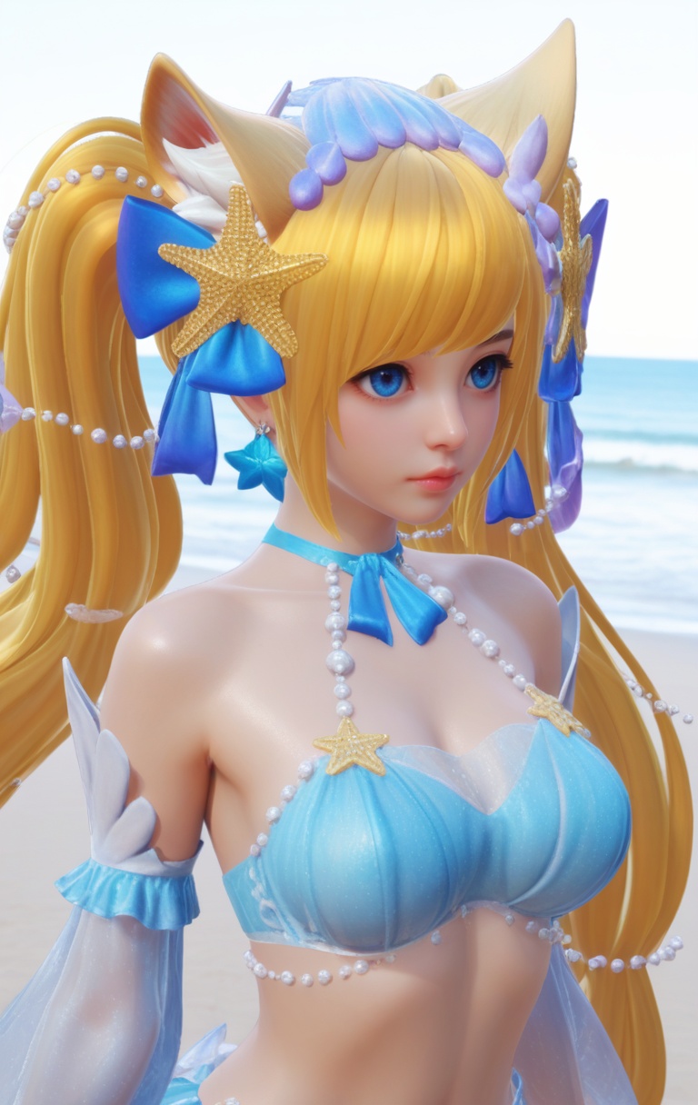 supermodel,score_8_up,score_7_up,hyperdetailed,hyperrealistic,volumetric lighting,focus on face,textured skin,eye lighting,SkinHairDetail,zPDXL,very attractive,Expressiveh,realistic skin,score_9,score_8_up,score_9,score_8_up,1 girls,high cold face,yujie,perfect round large,breasts,jewelry,beautiful eyes,detailed eyes,breast,lips,long hair,navel,jewelry,earrings,long hair,drop_shadow,light rays,sunlight,at the seaside,beach,sea water,<lora:1GM:0.8>,animal ears,blonde hair,blue eyes,breasts,closed mouth,detached sleeves,hair ornament,long hair,see-through,twintails,very long hair,