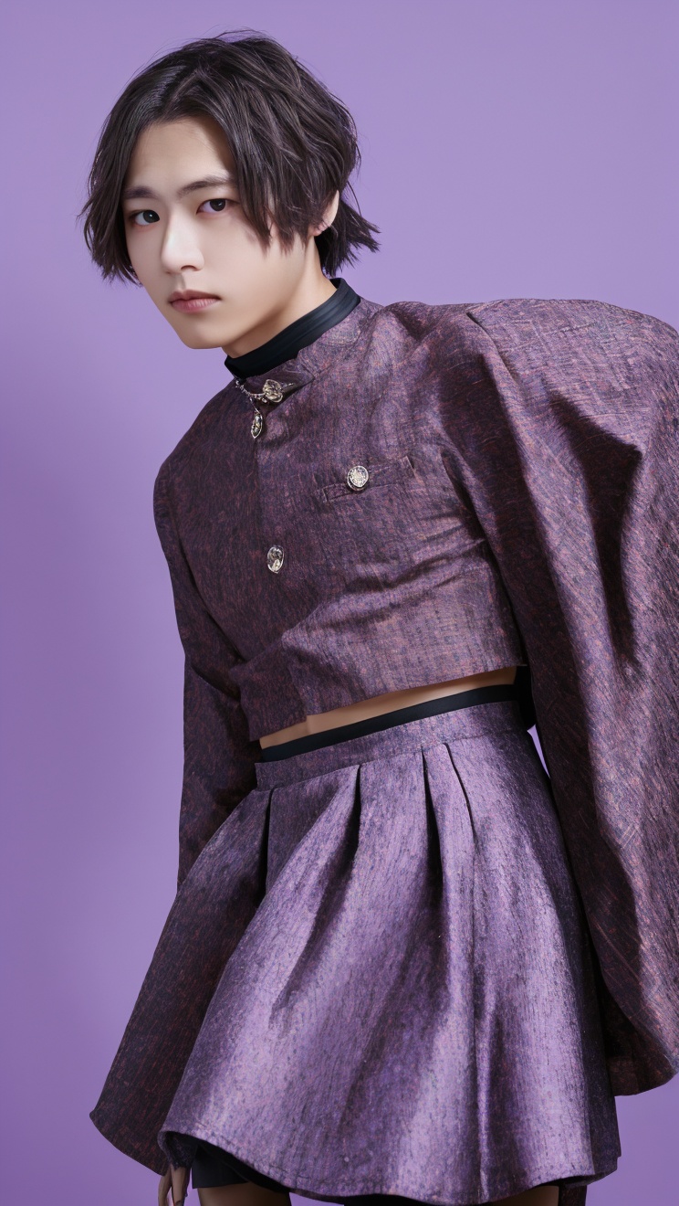 1 boy,hair with bangs,purple background,look at the camera,longeyelashes,standing,skirt,choker,black nails,bracelet,white skirt,