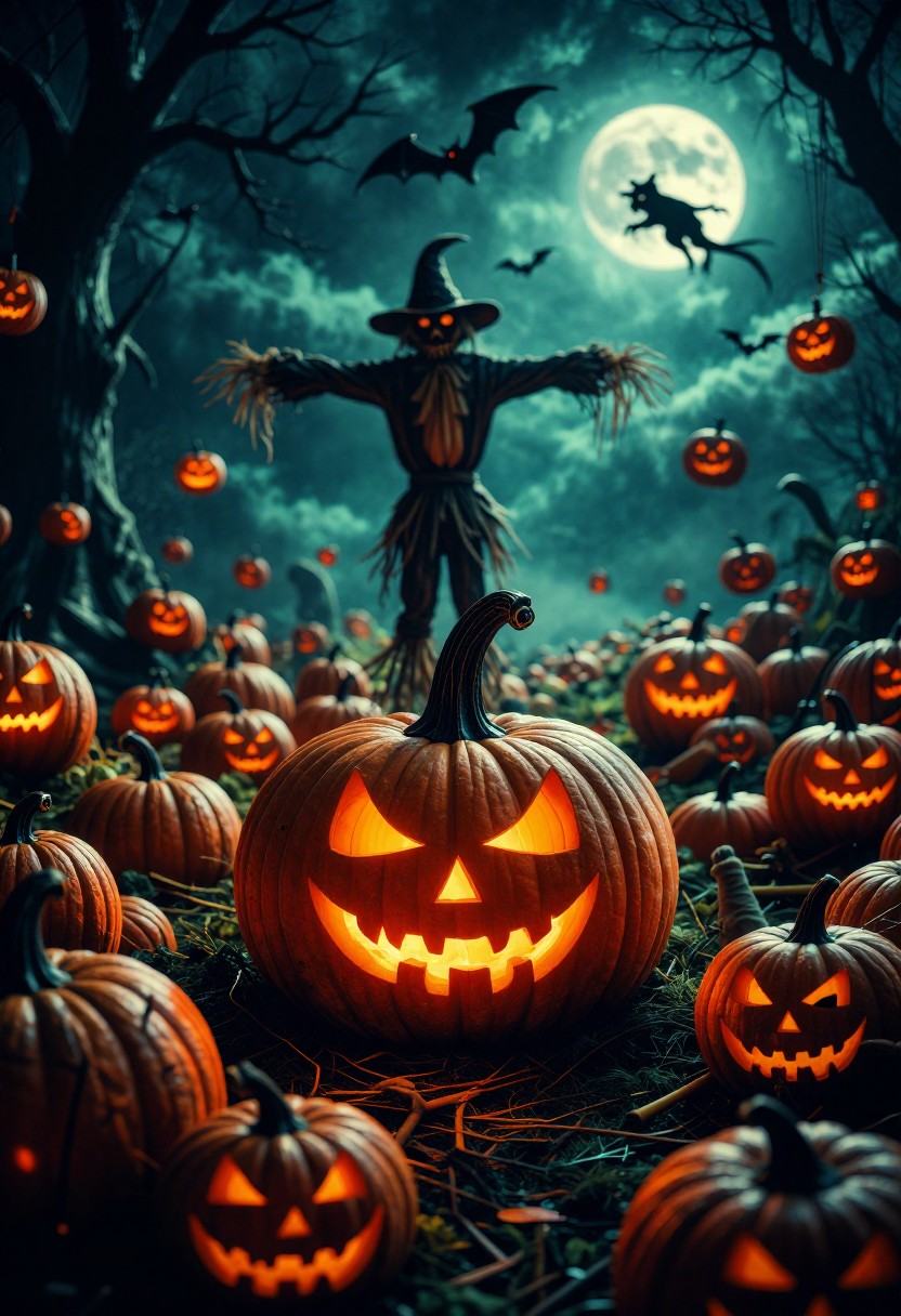 tot_halloween,  a creepy halloween scene with a pumpkin and scarecrow in the background,  surrounded by a pumpkins on Tens...