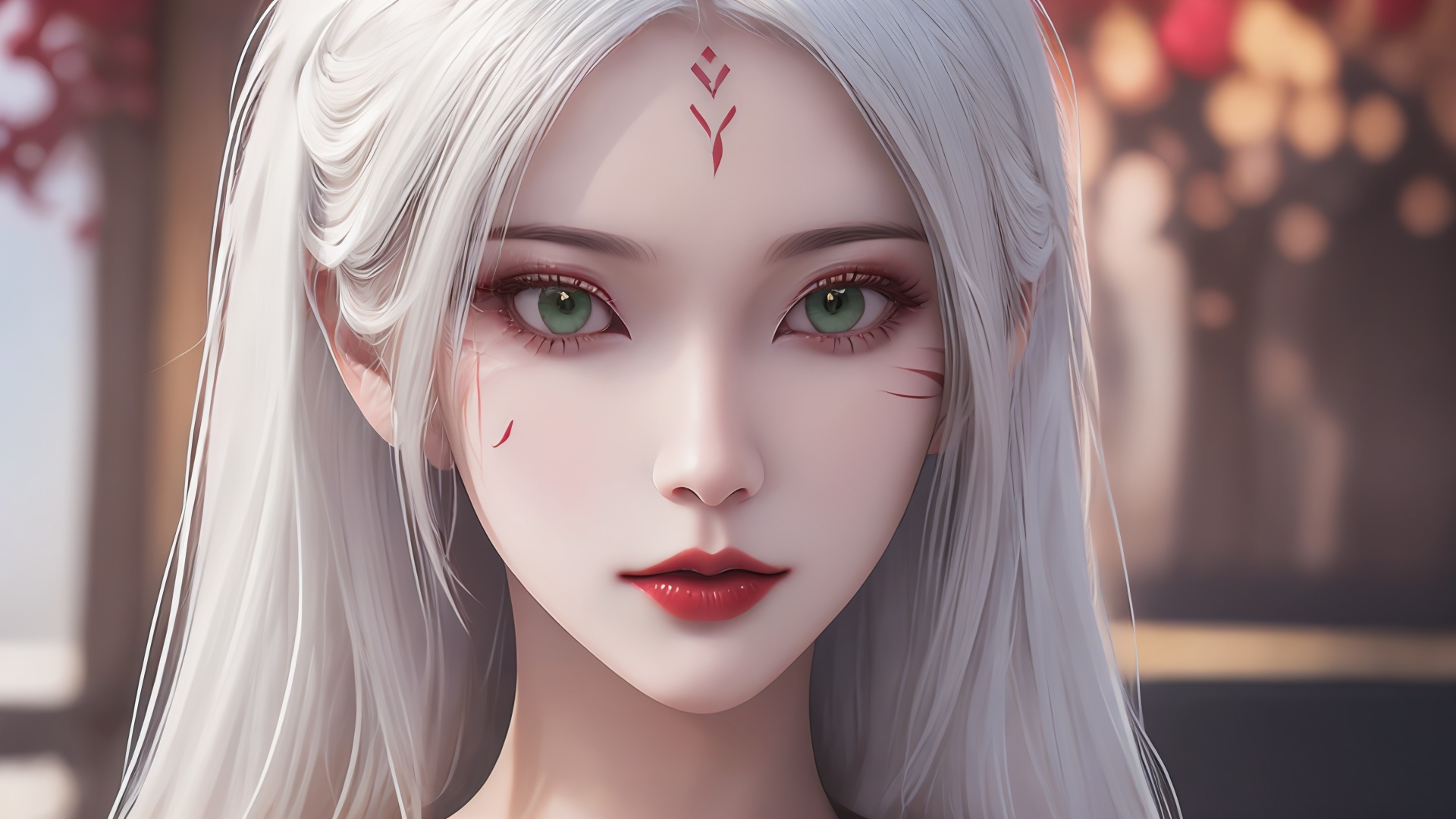 1girl,solo,green eyes,long hair,white hair,looking at viewer,facial mark,lips,blurry background,blurry,portrait,forehead mark,red lips,bare shoulders,closed mouth,makeup,<lora:girl xiaobai_20240912002955:0.8>,