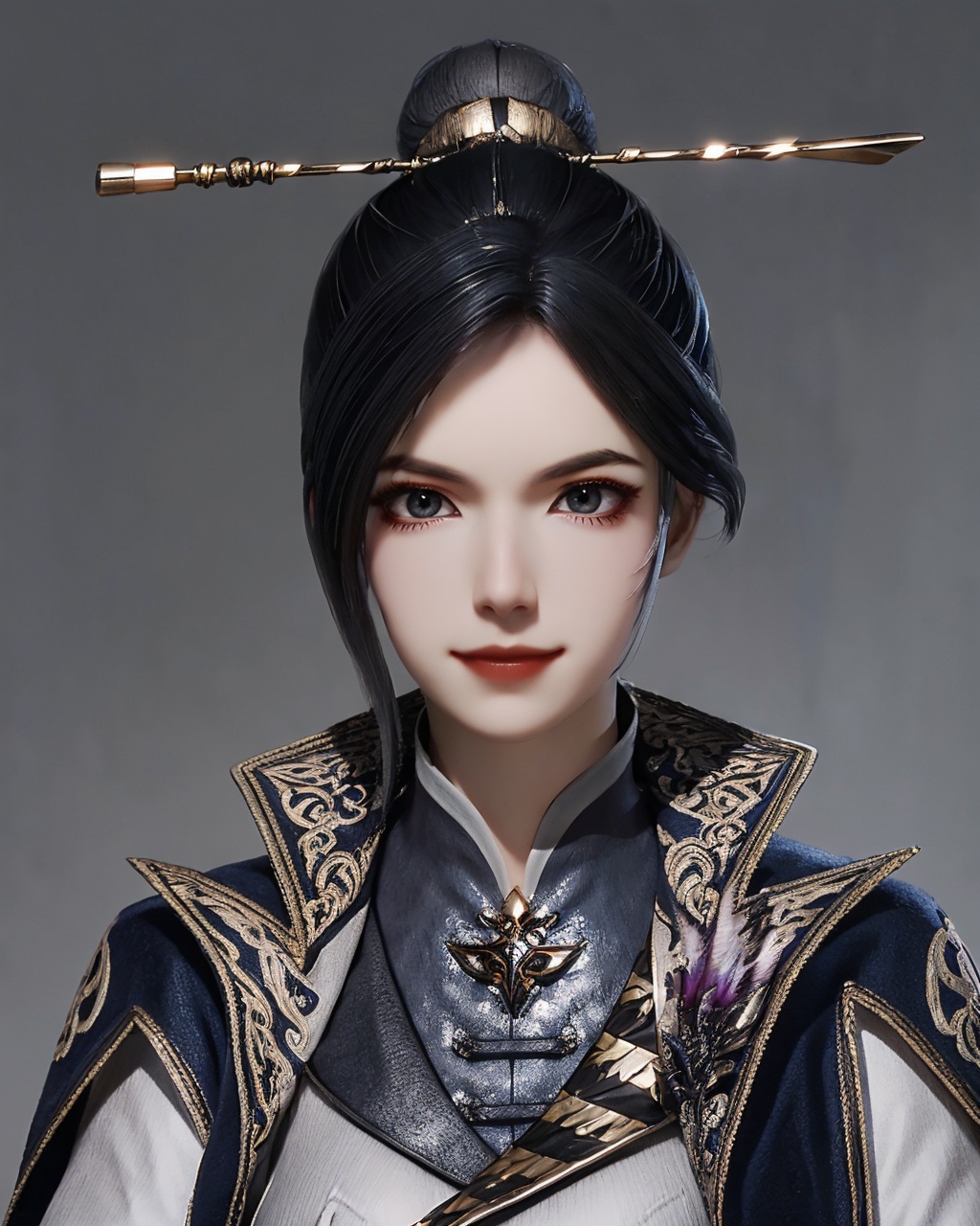 <lora:zhouyi-000010:0.85>,zhouyi,(upper body),(looking at viewer),1girl,solo,light_smile,black_single_hair_bun,hair ornament,hairpins,hair stick,high collar,chinese clothes,(grey background:1.3),