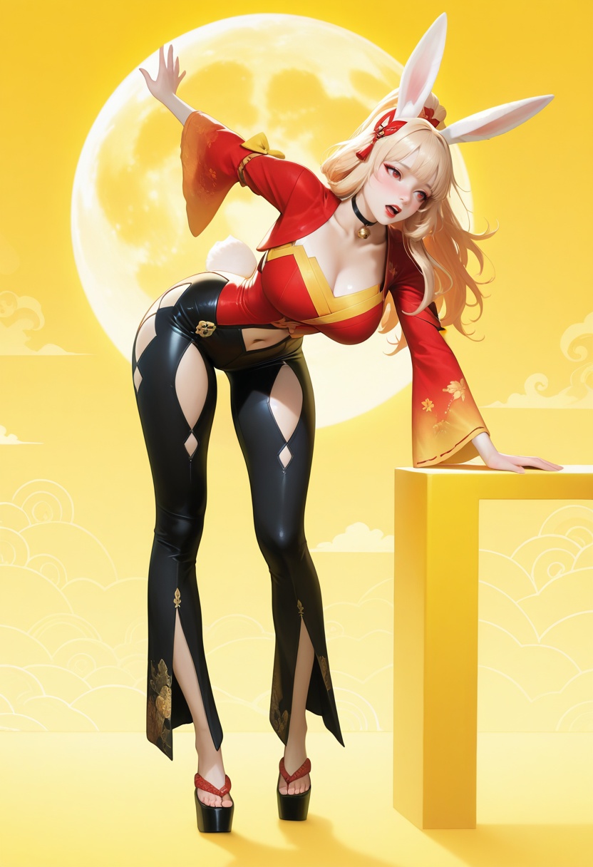 masterpiece,best_quality,(realistic:1.2),photorealistic,amazing quality,very aesthetic,absurdres,vibrant,newest,perfect body,detailled body,fair skin,pale_skin,velvet skin,curvy body,voluptuous body,skindentation,narrow waist,wide hips,full bust,curved silhouette,S-curve body,wide pelvis,slim legs,long legs,wide_shot,perfect hands,extreme aesthetic,masterful details,with a high end texture,in the style of fashion photography,Visual impact,impactful picture,offcial art,simple_background,Sky background wall,Glowing Moon Yellow background,leaning forward, on all fours,1girl,young woman,solo,open_mouth,bright red lips,knee_blush,<lora:GSL:0.7>,white rabbit ears,long hair,blonde hair,bangs,hair ornament,collarbone,red eyes,red and yellow shirt,choker,wide sleeves,long sleeves,navel,navel cutout,clothing cutout,black pants,thigh_cutout,bell-bottoms,platform footwear,geta,pants pattern,thigh_gap,shirt pattern,leg cutting,yellow_sleeves,ponytail,yellow bow,