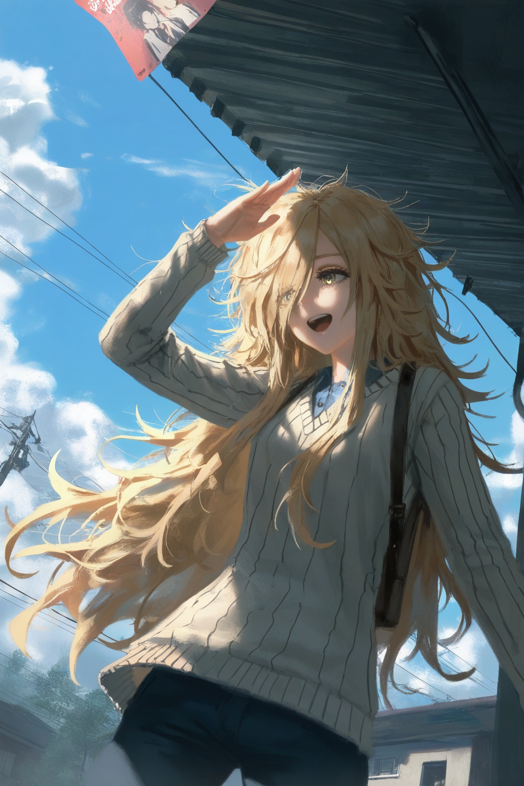 masterpiece,best quality,amazing quality,very aesthetic,absurdres,best quality,newest,(artist:quasarcake:0.8),extreme aesthetic,(wlop:0.9),masterpiece,best quality,good quality,newest,very aesthetic,absurdres,A shot with tension,(Visual impact,giving the poster a dynamic and visually striking appearance:1.2),offcial art,splash of color,movie perspective,Fuyune Kōjiya,1girl,solo,long hair,sky,blonde hair,outdoors,cloud,open mouth,day,smile,blue sky,messy hair,hair over one eye,power lines,shirt,sweater,<lora:journey-000004:0.8>,