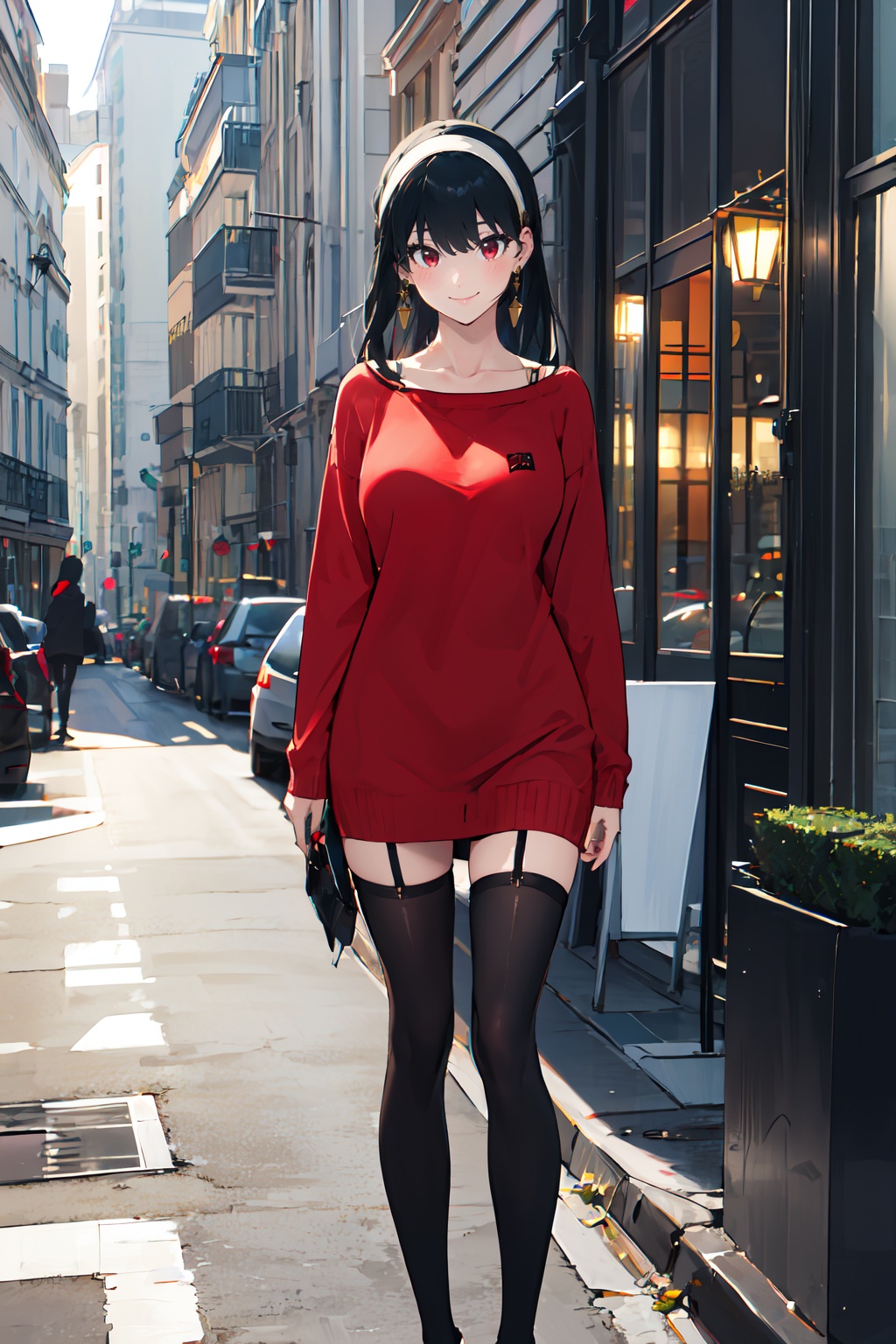 best quality,masterpiece,highres,anime_style,1girl,solo,full body,looking at viewer,standing,<lora:lora-000009.by_tusi:0.8>,YorBriar_CYQL,(black hair,long hair,bangs,white hair band,jewelry,gold earrings,red eyes,large breasts,long sleeves,red sweater,off-shoulder sweater,black pantyhose,smile,zettai ryouiki,),Parisian café, Café au lait, Morning light, Croissants, Cosiness,