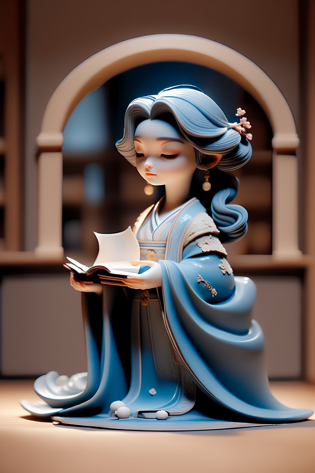 shouban,<lora:手办_v1.0:0.8>,1girl,solo,magician girl,flowing long hair,starry sky robe,holding a wand,at the moment of casting,ancient library,midnight,moonlight passes through the window,dark blue tone,encircling magic books,mysterious symbol floating in the air,quiet learning atmosphere,