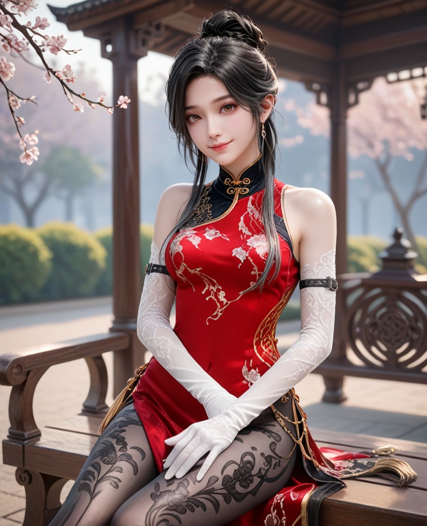(oriental architecture, elegant decor, sophisticated style:1.1),(Sitting on a park bench, chin resting on clasped hands, smiling softly,:1.1),(breasts:1.2),<lora:XL16永劫无间顾清寒皮肤冰凌:0.95>,miss guqinghan,red china dress,brown eyes,black hair,single updo with long front strands,white elbow gloves,black pantyhose with floral embroidery,side slit,, score_9,score_8_up,score_7_up,score_6_up,score_5_up,score_4_up,3d rendering,tag1,tag2, Cinematic Lighting,backlighting,