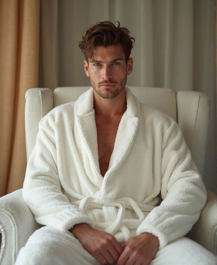 Ken Bek ,  high-resolutiuon photograph,  wearing fitted fluffy white bathrobe. He is sitting on a chair in the spa area of...