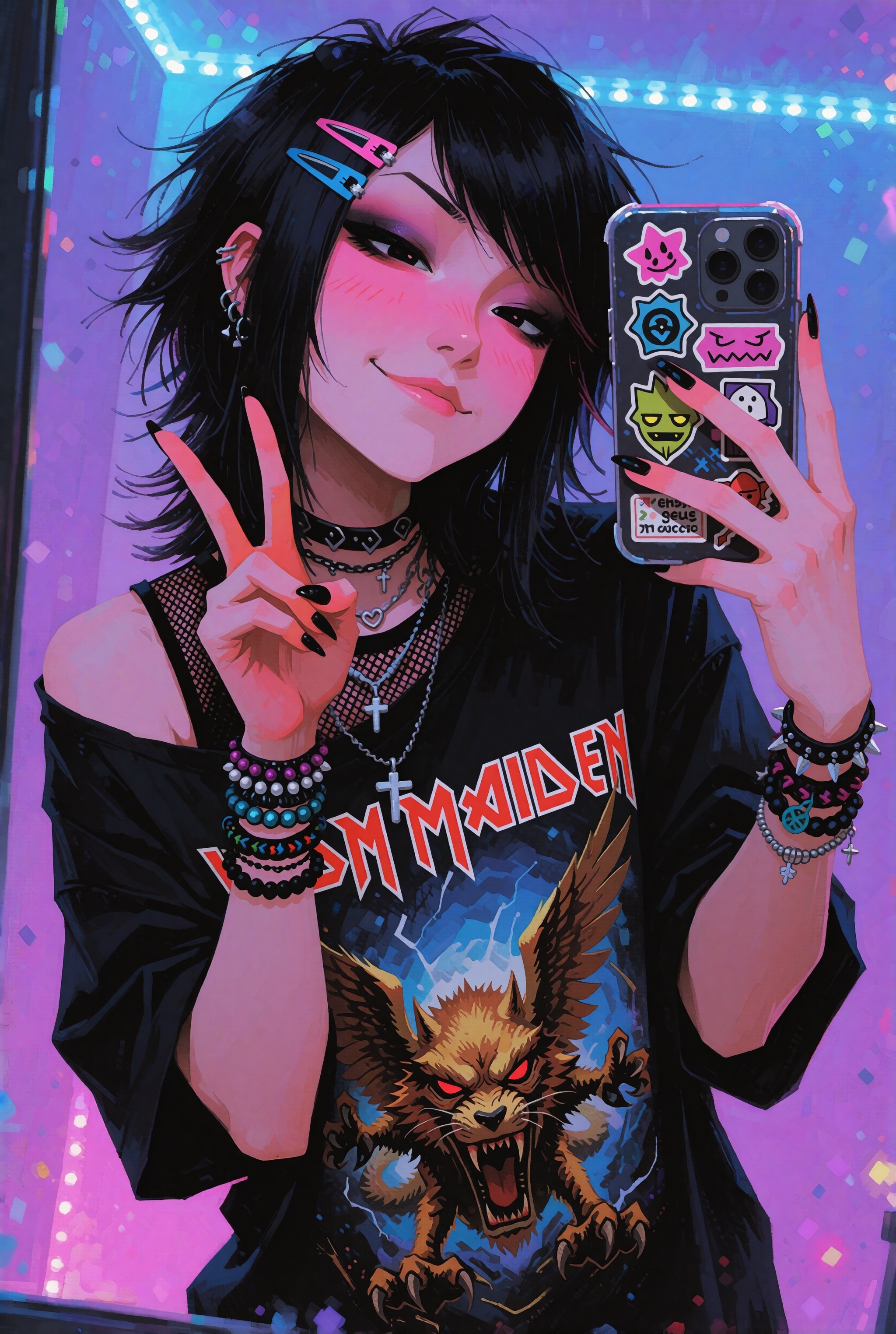 realisting but exaggerated illustration stylean asian emo woman in her late twenties takes a mirror selfie,  woman flashin...
