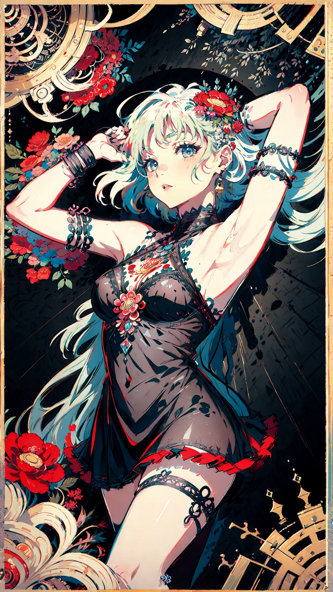 tutututu, breasts, medium breasts, see-through, underwear, lingerie, skirt,official art, unity 8k wallpaper, ultra detailed, beautiful and aesthetic, masterpiece, best quality, (zentangle, mandala, tangle, entangle), (fractal art:1.3) , 1girl, red flowers,  extremely detailed, dynamic angle, cowboyshot, the most beautiful form of chaos, elegant, a brutalist designed, vivid colours, romanticism, by james jean, roby dwi antono, ross tran, francis bacon, michal mraz, adrian ghenie, petra cortright, gerhard richter, takato yamamoto, ashley wood, atmospheric, <lora:tutucs_v1:0.85>
