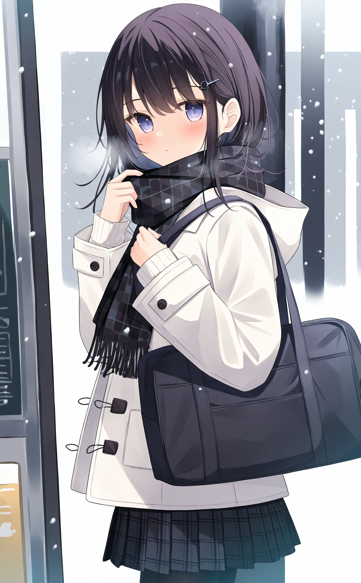 white_background,masterpiece,very aware,highres,absurdres,newest,best quality,loli,petite,high quality,chromatic_aberration,loli,loli,//,1girl, scarf, solo, pantyhose, skirt, bag, black_pantyhose, black_scarf, black_hair, white_background, hair_ornament, looking_at_viewer, simple_background, hairclip, plaid_scarf, plaid, blush, school_bag, pleated_skirt, winter_clothes, blue_eyes, coat, black_skirt, long_sleeves, jacket, hood, white_coat, long_hair, grey_scarf, white_jacket, winter_coat, purple_eyes, hood_down, medium_hair, snowing//,//,<lora:千道センリ——【noob】hans:0.8>,