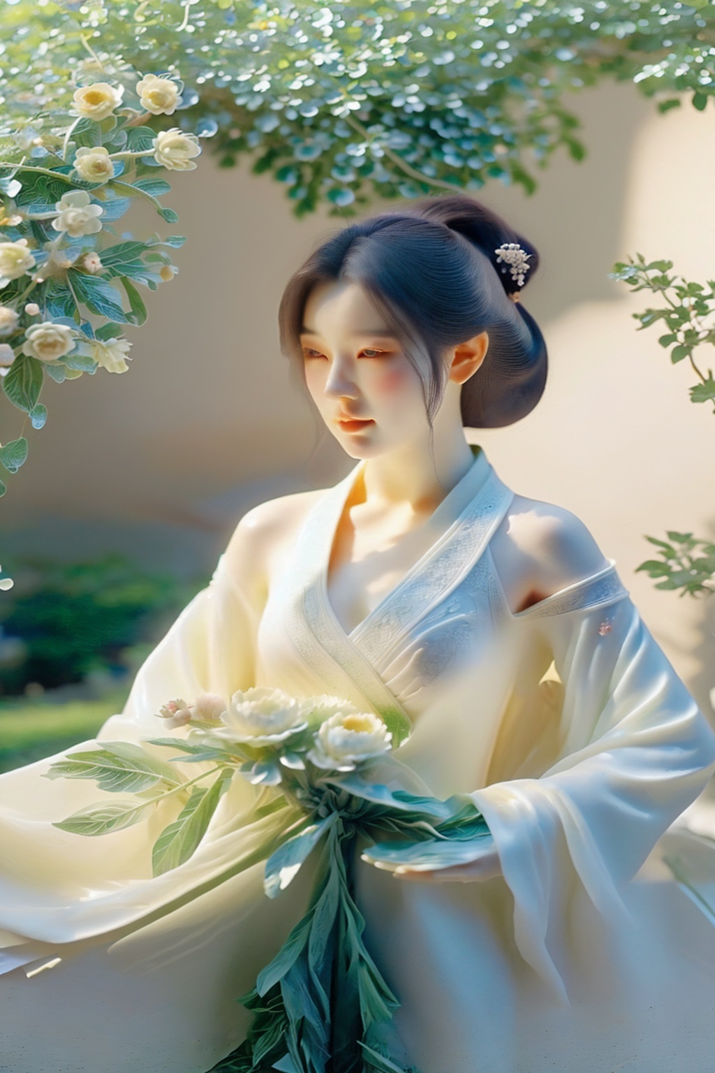 shouban,<lora:手办_v1.0:1>,1girl,mature imperial sister teacher,cold and proud temperament standing on the apricot altar,warm sunshine sprinkles on green bricks and tiles,ambiguous campus with strong spring atmosphere,hanfu is simple and elegant, showcasing its charm,green bamboo and peonies embody talent and emotions,the cherry blossom petals dance in the wind,knowledge book in hand,the sunlight penetrates the petals and sprinkles on the shoulders,warm tones enhance tranquility while reading the scenery,balanced composition using the three part method,the line of sight draws the bamboo leaves to the left,head up lock for immersive reading,vividly drawing a picture scroll of integrating the charm of spring teachers,