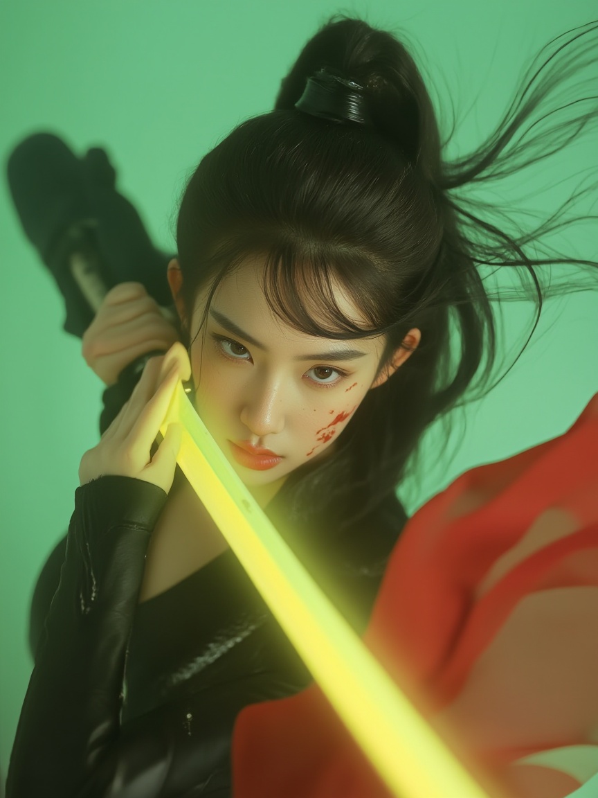neomj,neomj,A woman with dark hair pulled back into a high ponytail holds a sword,its blade glowing yellow. She has a serious expression and blood stains on her face,and she’s wearing a black outfit with a flowing red accent. Her hair and clothing appear to be in motion,and the background is a soft green..,<lora:neomj古风v9_15:1>,