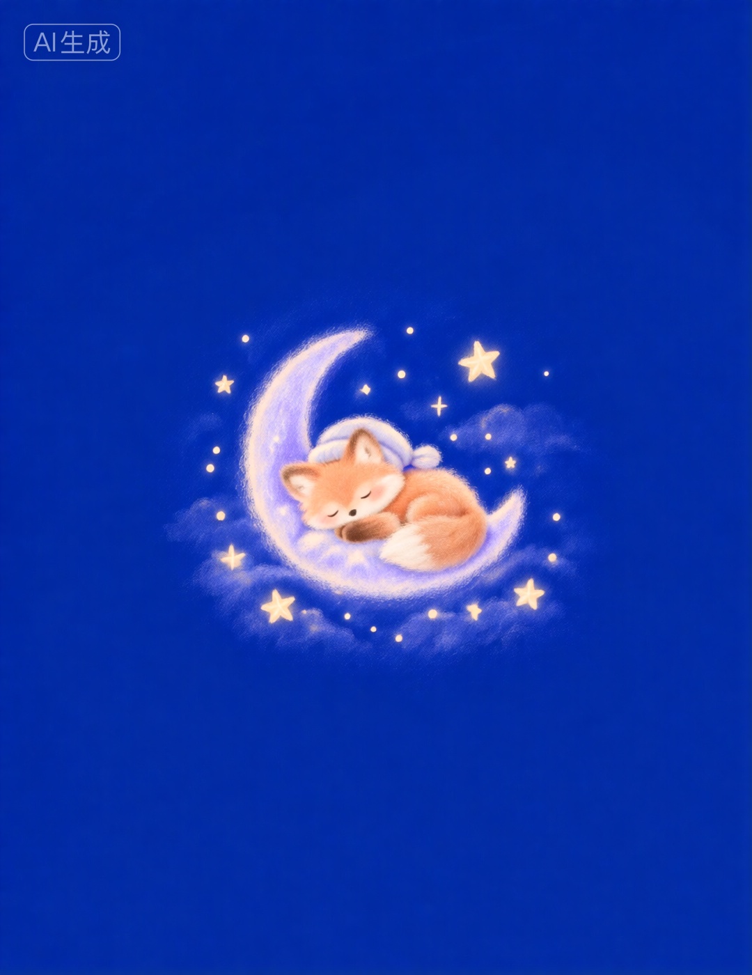 A tiny,  fluffy orange fox is curled up asleep on a crescent moon that glows with a soft purple light. The fox has a white...