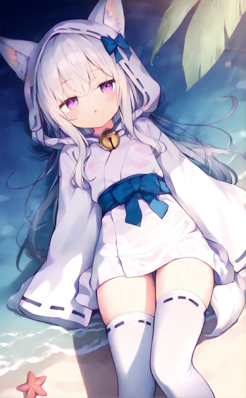 masterpiece,very aware,highres,absurdres,newest,best quality,loli,petite,high quality,chromatic_aberration,cinematic_angle,dutch angle,blurry_foreground,A light gradient background with white on top and brown at the bottom,student,"Girl",//,1girl,thighhighs,tail,japanese clothes,kimono,solo,animal ears,sleeves past wrists,hood,purple eyes,lying,water,wet,fox tail,sleeves past fingers,on back,wide sleeves,white kimono,white thighhighs,looking at viewer,long hair,long sleeves,bell,hood up,ribbon trim,fox ears,bow,white hair,blush,beach,wet clothes,jingle bell,parted lips,blue bow,animal hood,fox girl,hair bow,bangs,skirt,:o,outdoors,//,//,blurry background,blurry background,official art,depth of field,detailed light,best shadow,shiny skin,cinematic lighting,ray tracing,amazing quality,very aesthetic,absurdres,beast quality,ultra detailed,newest,8K,HDR,full_shot,//,<lora:lora-000003.by_tusi:1.5>,