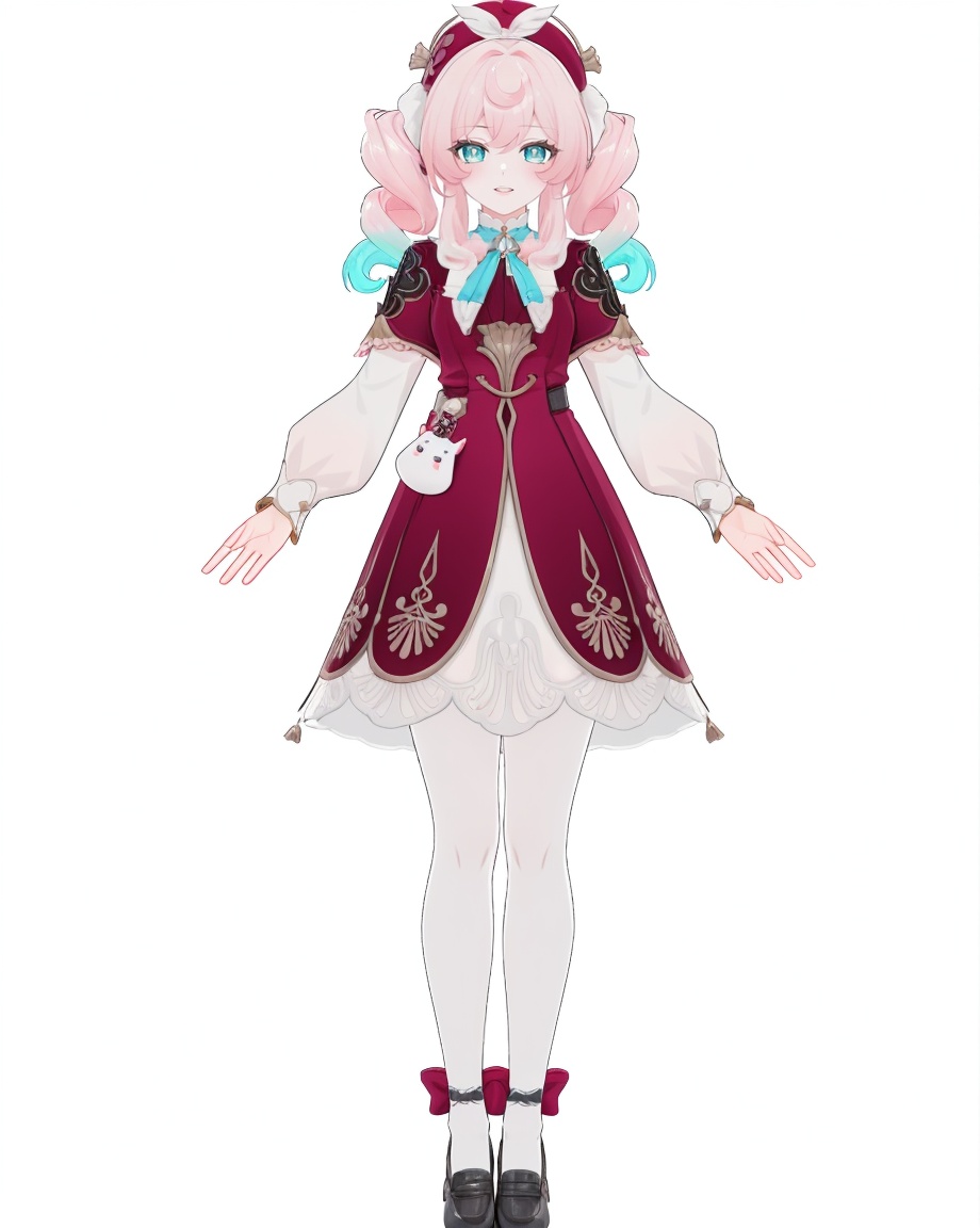 8k,best quality,masterpiece,(ultra-detailed),(high detailed skin),(by nanoless, by misumi \(macaroni\),:0.5),A full-body portrait of a young girl,standing gracefully,pastel art style,high-key lighting,shoujo manga influence,hd quality,delicate details,full body,full shot,standing,looking at viewer,(solo:1.2),simple background,white background,<lora:fenjin-sd-Tanger:0.8>,hyacine \(honkai: star rail\), clothes: hyacine def red and white dress, red beret, 1girl, pink hair, black footwear, white pantyhose,