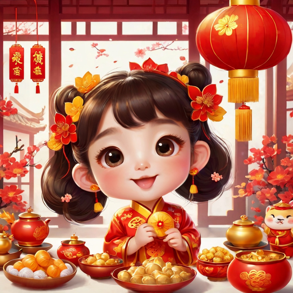 celebrating Chinese New Year. Design the little girl with a charming and festive appearance, suitable for the holiday. Use traditional Chinese New Year colors like red and gold in her outfit and accessories. Depict her engaging in typical New Year's activities, such as holding red envelopes (红包), playing with firecrackers, or enjoying traditional treats. Ensure the character exudes joy and enthusiasm for the Chinese New Year celebration.(poakl cartoon newyear style:1.5),best quality,masterpiece,<lora:poaklSDXLcartoonnewyearV2-000007:0.6>,