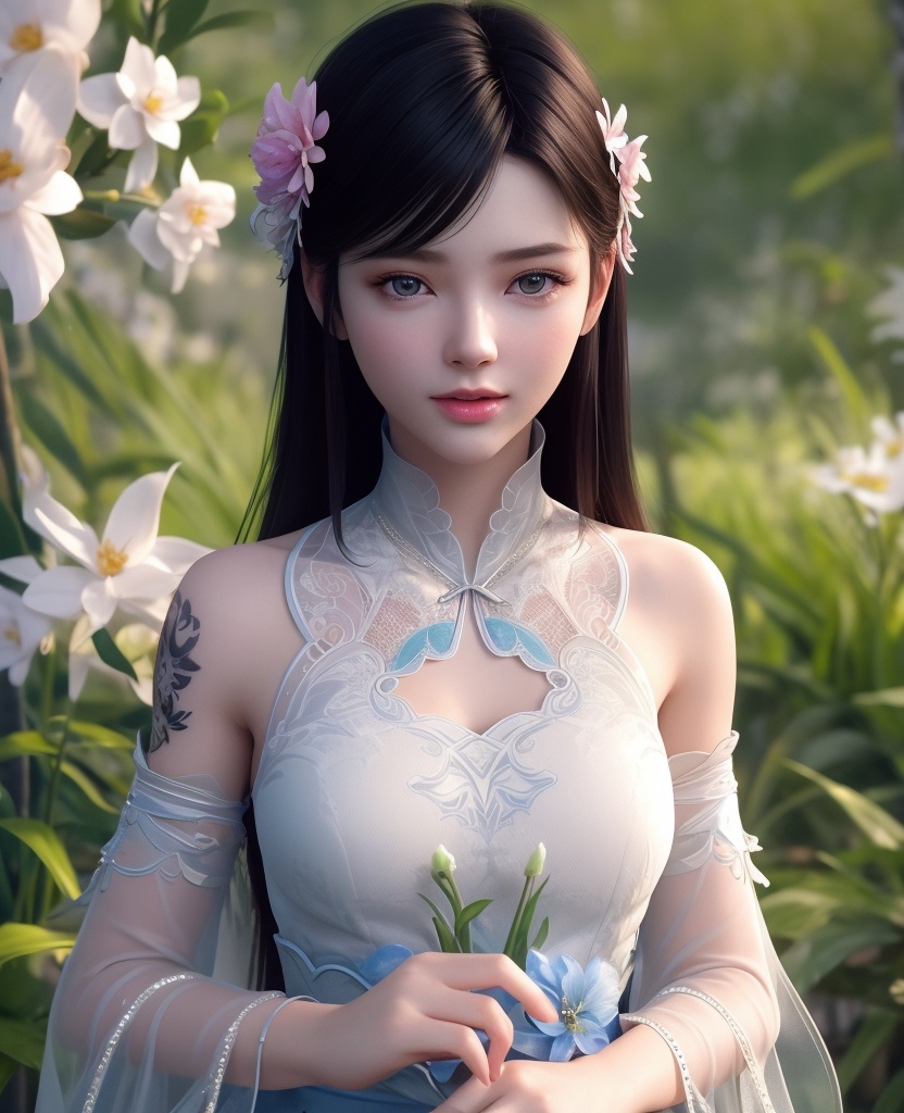<lora:597-DA-斗破苍穹-萧薰儿-三七分:0.8>(,1girl, ,best quality, ),looking at viewer,  ,,ultra detailed background,ultra detailed background,ultra realistic 8k cg,, ,masterpiece, (( , )),ultra realistic 8k cgSurrounded by strange, movie perspective, advertising style, Colorful background, splash of color A beautiful woman with delicate facial features,tattoo all over body, flower arms,from above,