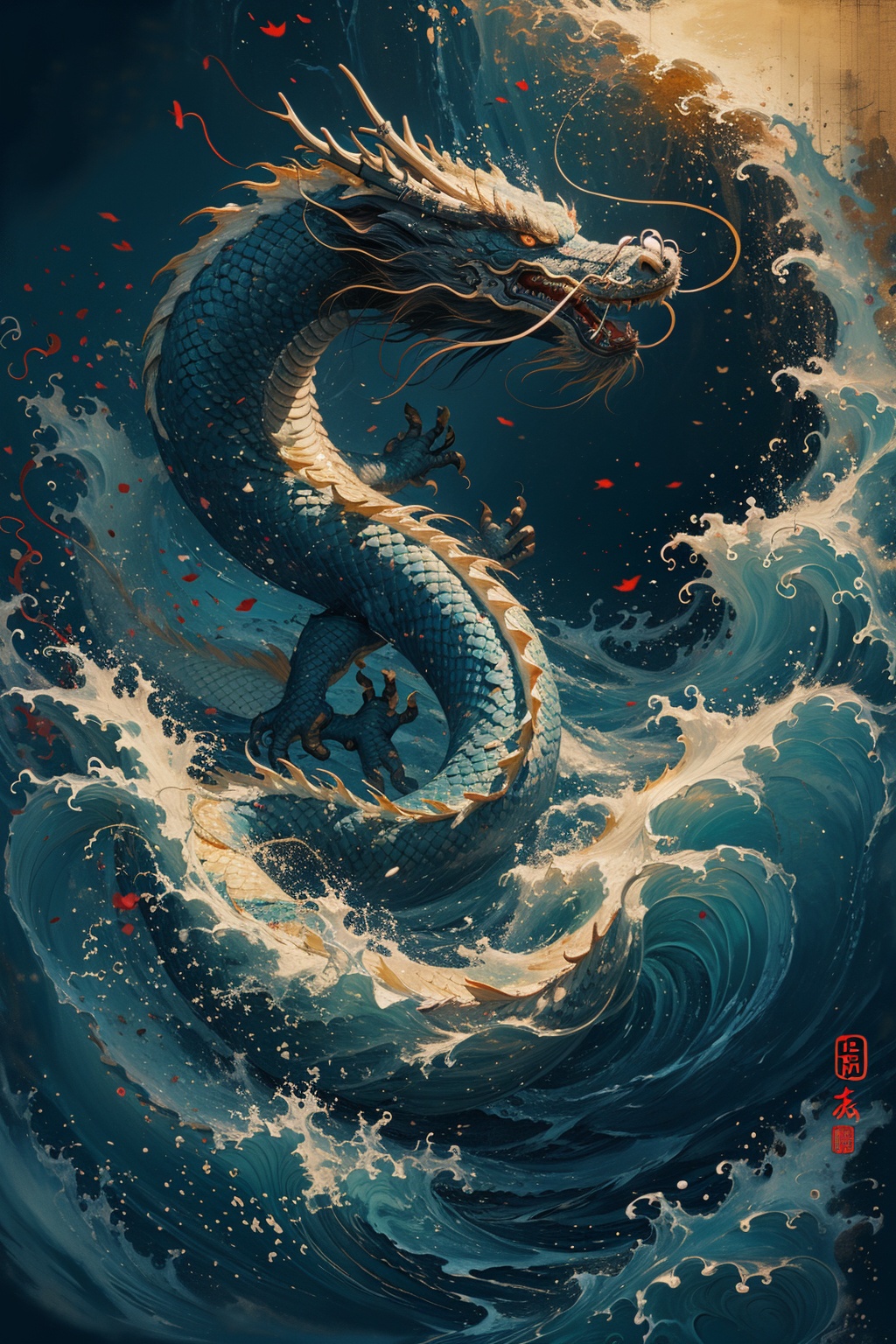 sdmai, guofenglong, dragon, no humans, eastern dragon, waves <lora:国风龙sdmai,guofenglong:0.8>