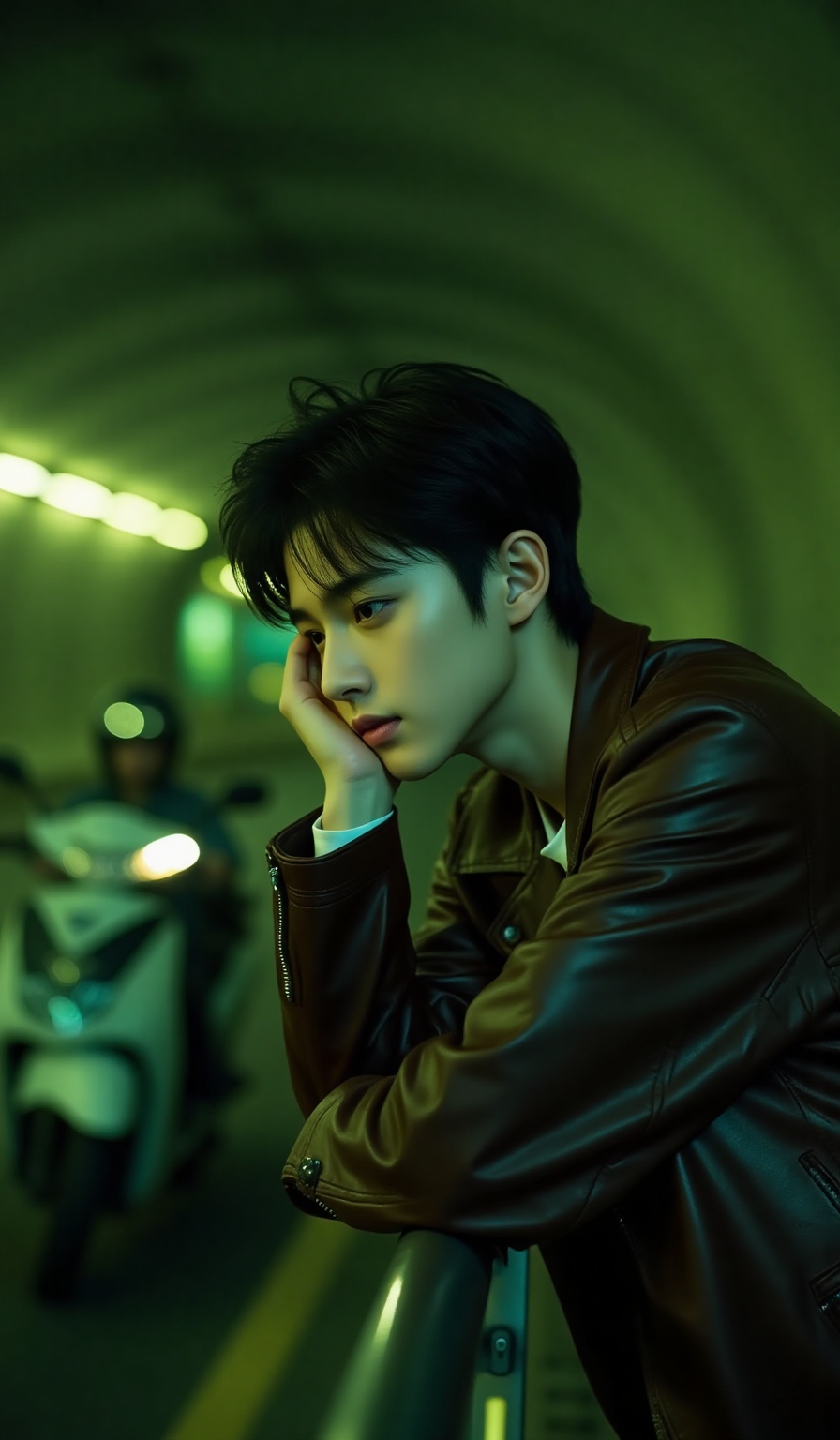 Hong Kong style,beauty,This is a photograph taken in a dimly lit, underground tunnel with a greenish-yellow glow. The subject is a young Asian man with a slender build, fair skin, and short, dark hair styled in a tousled manner. He appears to be in his late teens or early twenties. He is leaning against a metal railing, with his right arm resting on the railing and his left hand supporting his chin as he gazes off to the side with a contemplative expression. He is wearing a dark brown leather jacket over a white shirt, adding a rugged, edgy look to his attire.In the background, the tunnel walls are **** of smooth, gray concrete, and the lighting creates a soft, diffused effect. The tunnel is curved, and there are blurred, out-of-focus lights in the distance, suggesting a long, winding passage. To the left of the subject, a motorcycle with a white and black color scheme is partially visible, adding a sense of motion and urban life to the scene. The overall atmosphere is moody and introspective, with the greenish hue casting a cool, almost melancholic tone over the entire image.
