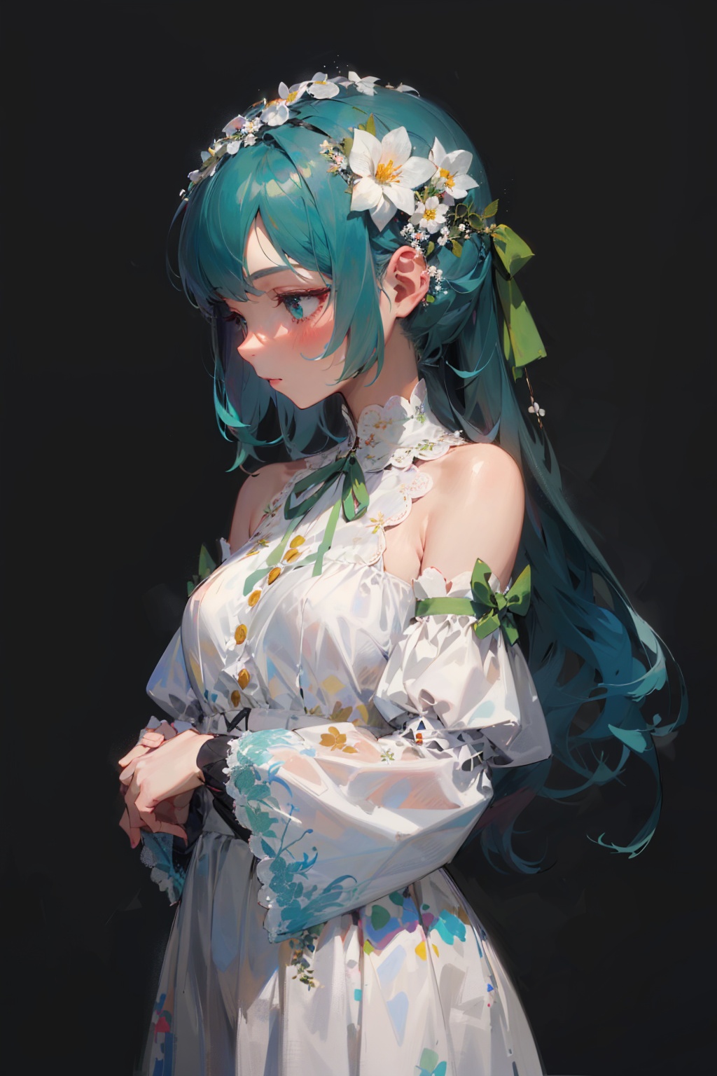 1girl,solo,((simple background)), a young girl’s upper body wear a white dress that bare shoulders and her lower body wear a short black pleated skirt,long and wide detached white sleeves past fingers,big white flower on her chest and green ribbon tied on her clothes,she has aqua green hair and straight hair,hair flower is on each side of her ears, illustration,painting,