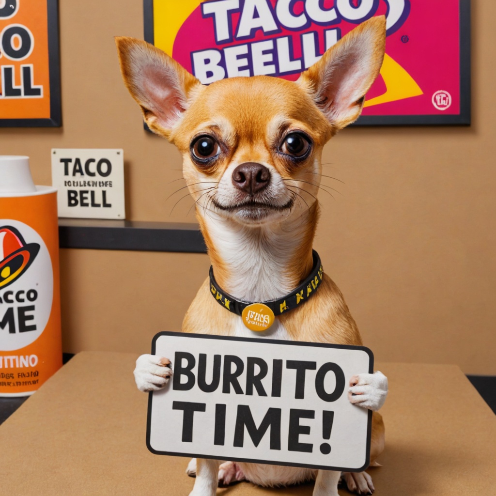 Photo of taco bell chihuahua with a sign saying "burrito time" on Tensor.Art