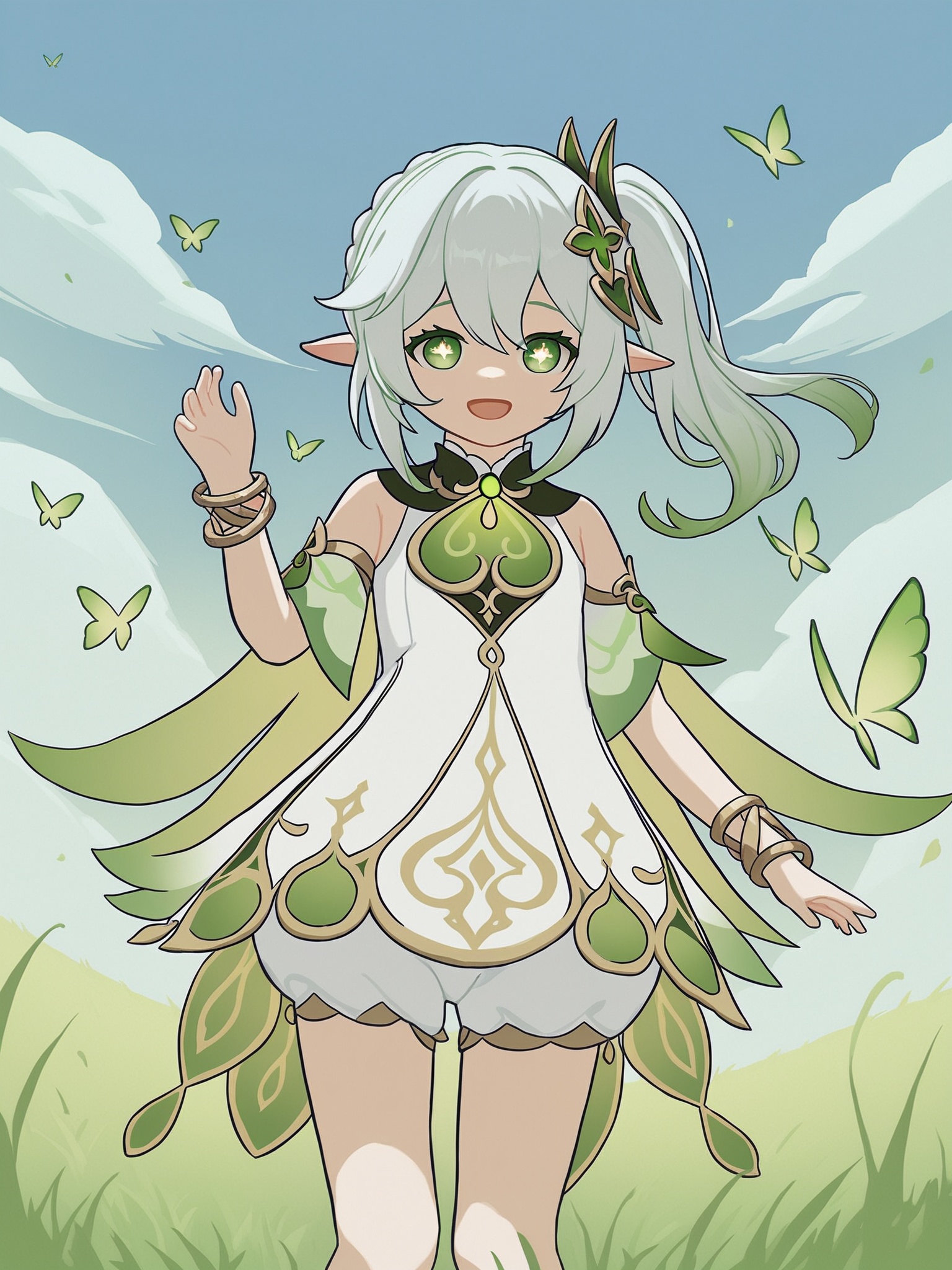 score_10,score_9,score_8_up,score_7_up,1girl,nahida (genshin impact),green eyes,pointy ears,side ponytail,dress,white dress,smile,gradient hair,hair ornament,outdoors,white hair,multicolored hair,looking at viewer,long hair,bracelet,sky,bug,butterfly,solo,jewelry,hair between eyes,cloud,slime (genshin impact),blue sky,open mouth,grass,cape,symbol-shaped pupils,:d,sidelocks,detached sleeves,blurry,bloomers,sleeveless,green hair,standing,