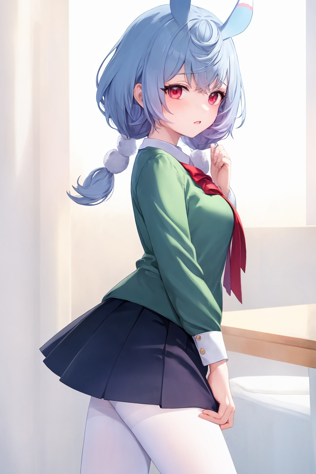 masterpiece, best quality, <lora:sigewinne-v2:1>,1girl,animal ears,blue hair,multicolored hair,low twintails,red eyes,school uniform,green shirt,white skirt,white pantyhose,walking, 